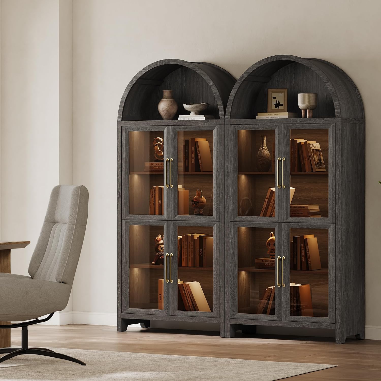 SICOTAS 74" Arched Display Cabinet with Glass Doors Set of 2, Dark Grey Oak