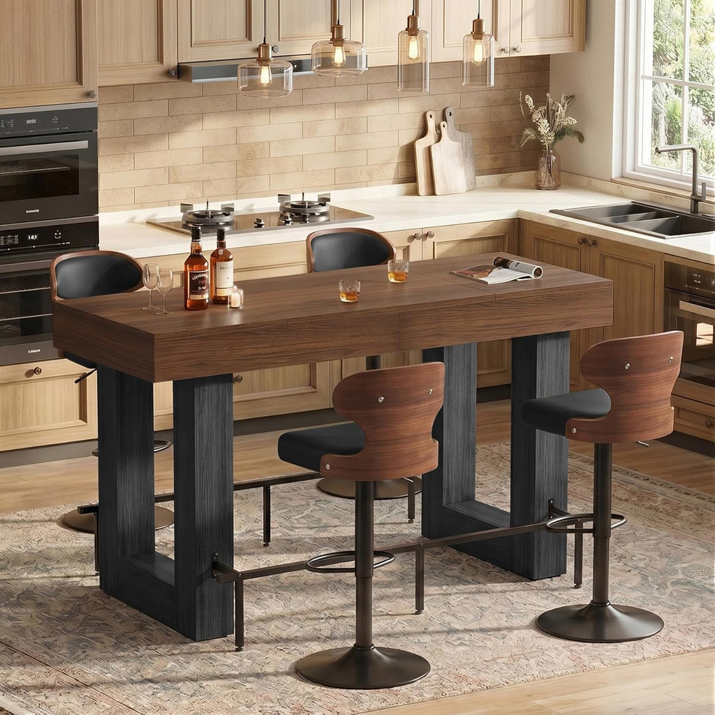 Miereirl 5-Piece Bar Table Set, 63" Counter Height Dining Table with 4 Swivel Barstools, Industrial Wooden Kitchen Island Table Set with Footrest and Backrest for Dining Room, Home Bar