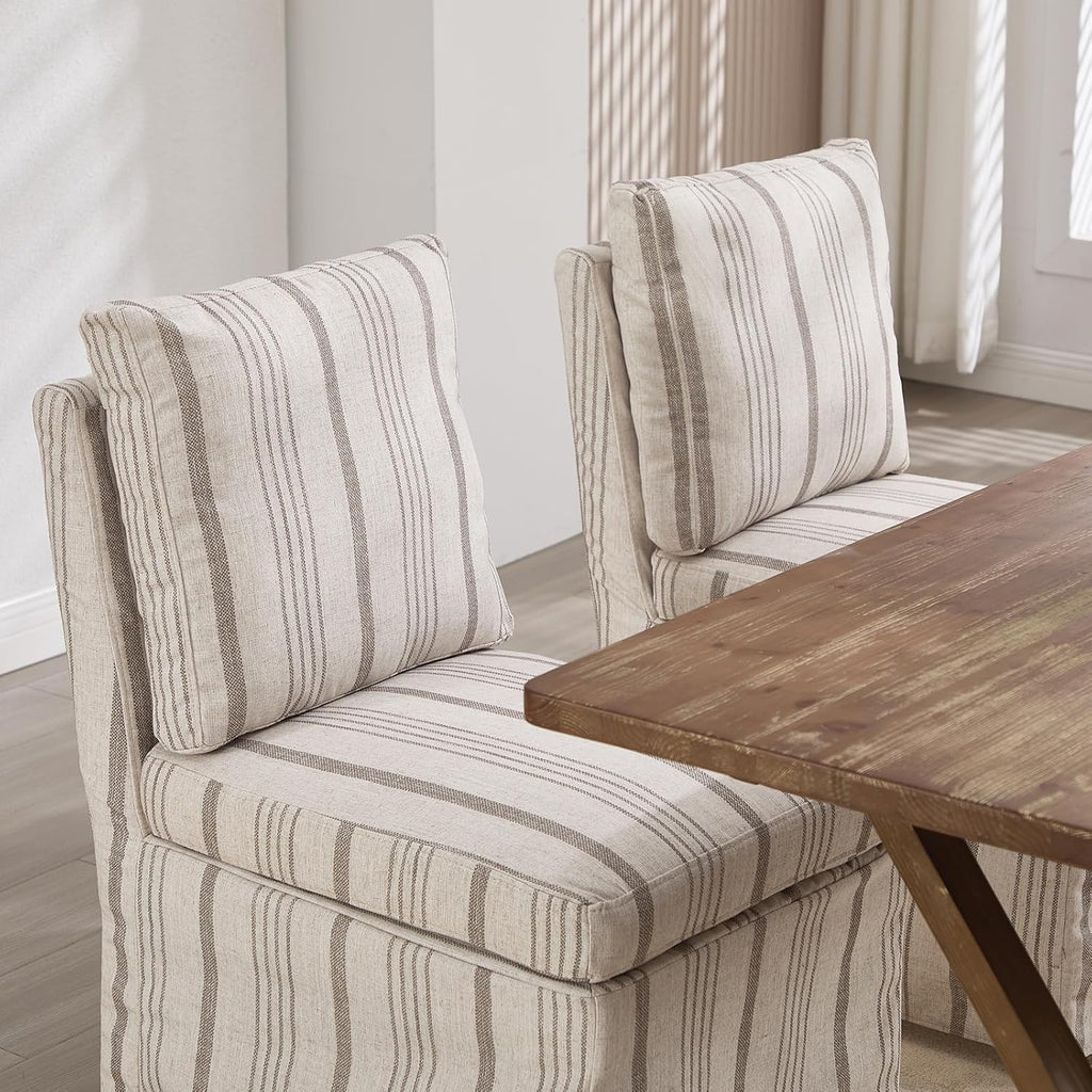 Upholstered Dining Chairs Set of 6 Slipcovered Armless Dining Chair with Solid Wood Legs, Soft Padded Upholstered Side Chair for Dining/Living/Readin Room, Banquet, Khaki Stripe