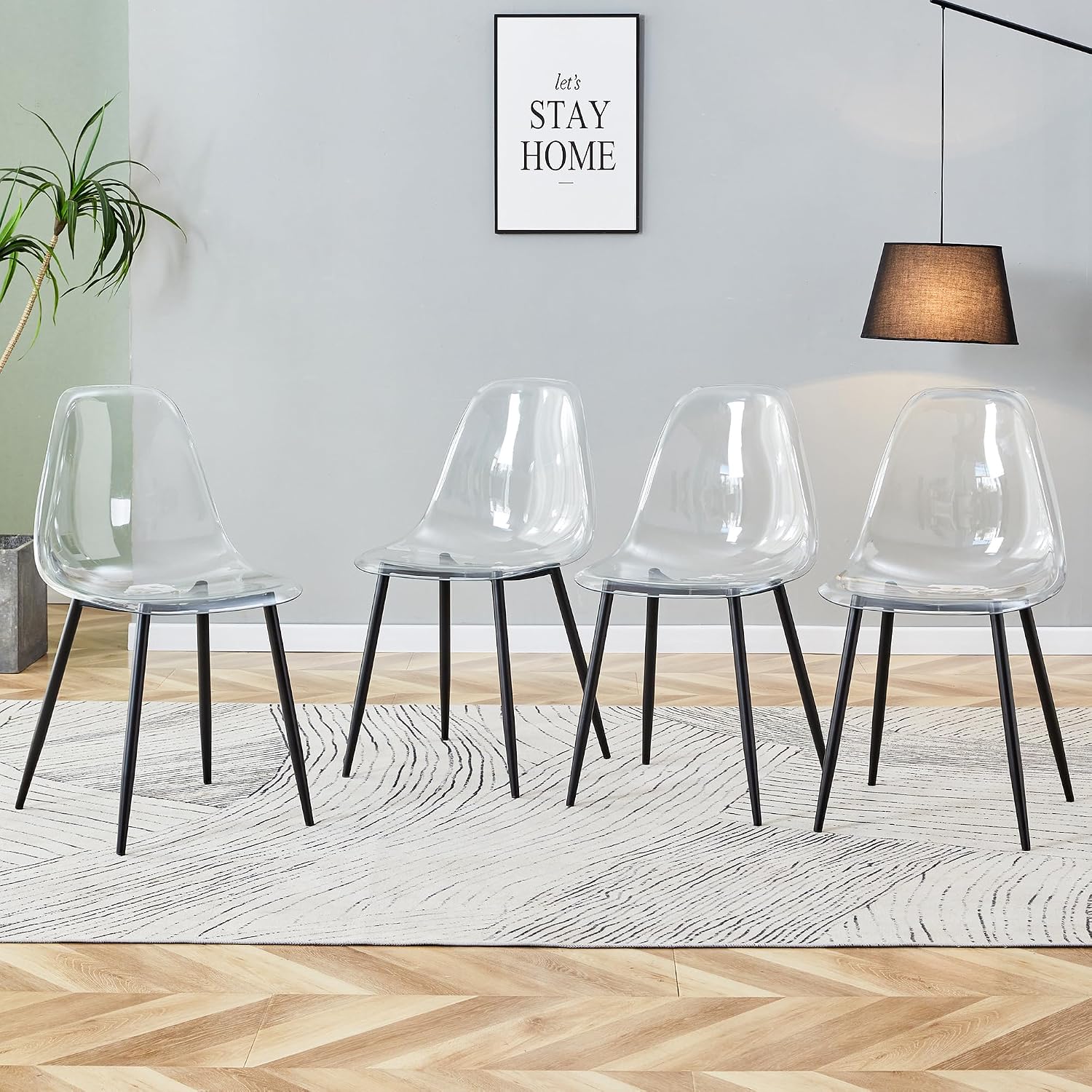 JUFU Acrylic Dining Chairs Set of 4, Modern Clear Chairs with Transparent Seat, Ergonomic Acrylic Side Chairs with Black Metal Legs for Dining Room, Kitchen, Living Room