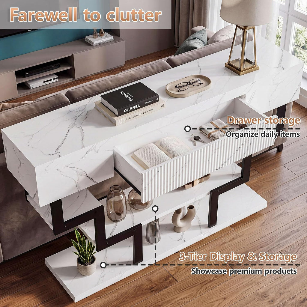 47.3" Console Table with Fluted Drawers, 3-Tier Modern Entryway Table with Geometric Black Metal Frame, Luxury Sofa Table for Living Room, Hallway, Foyer（White Marble Texture