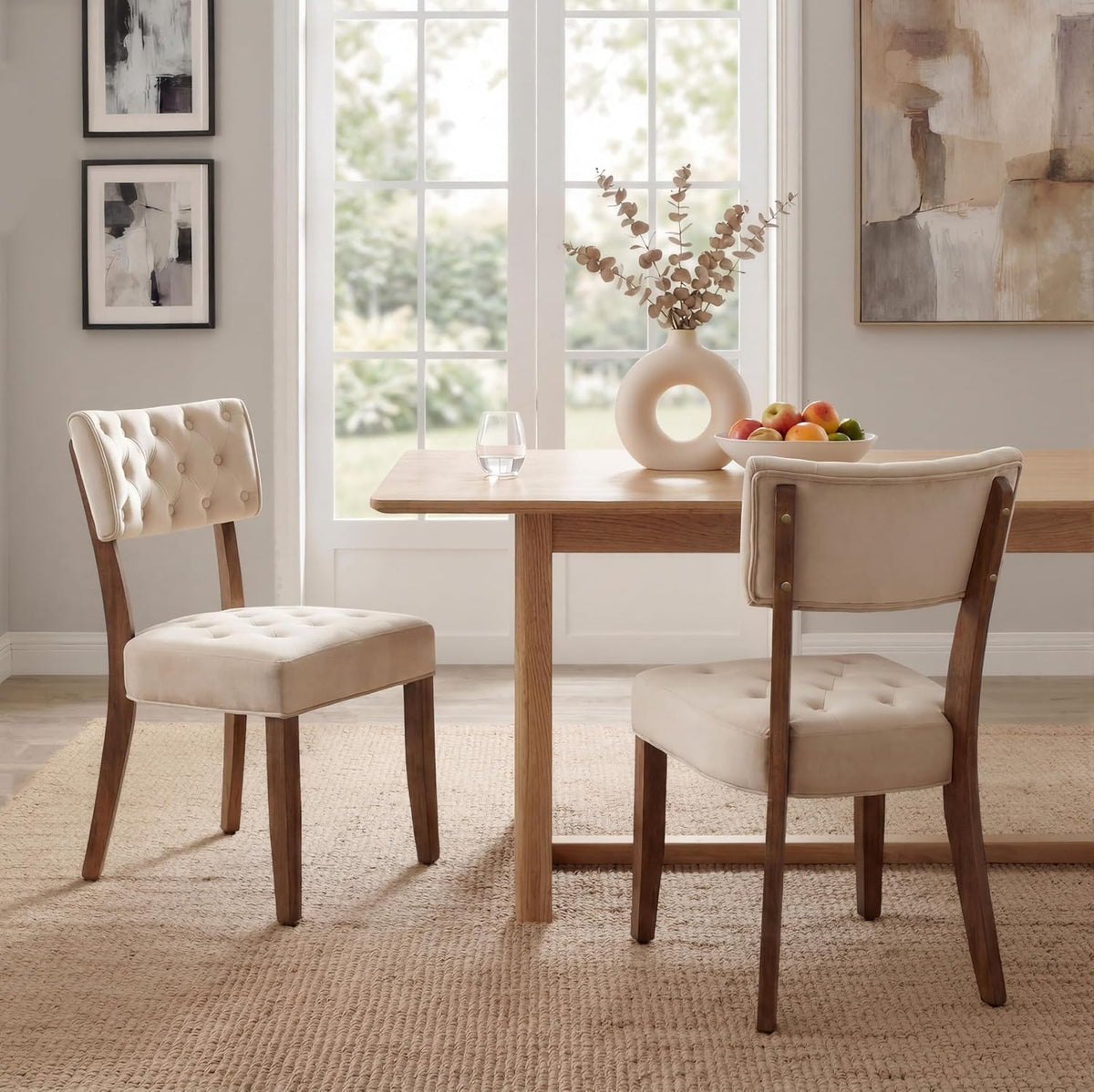 UVV Wooden Dining Chairs Set of 2, Mid Century Tufted Upholstered Kitchen Chairs Dining Room Chairs, Velvet Farmhouse Dinner Chair for Kitchen Dining Room, Beige
