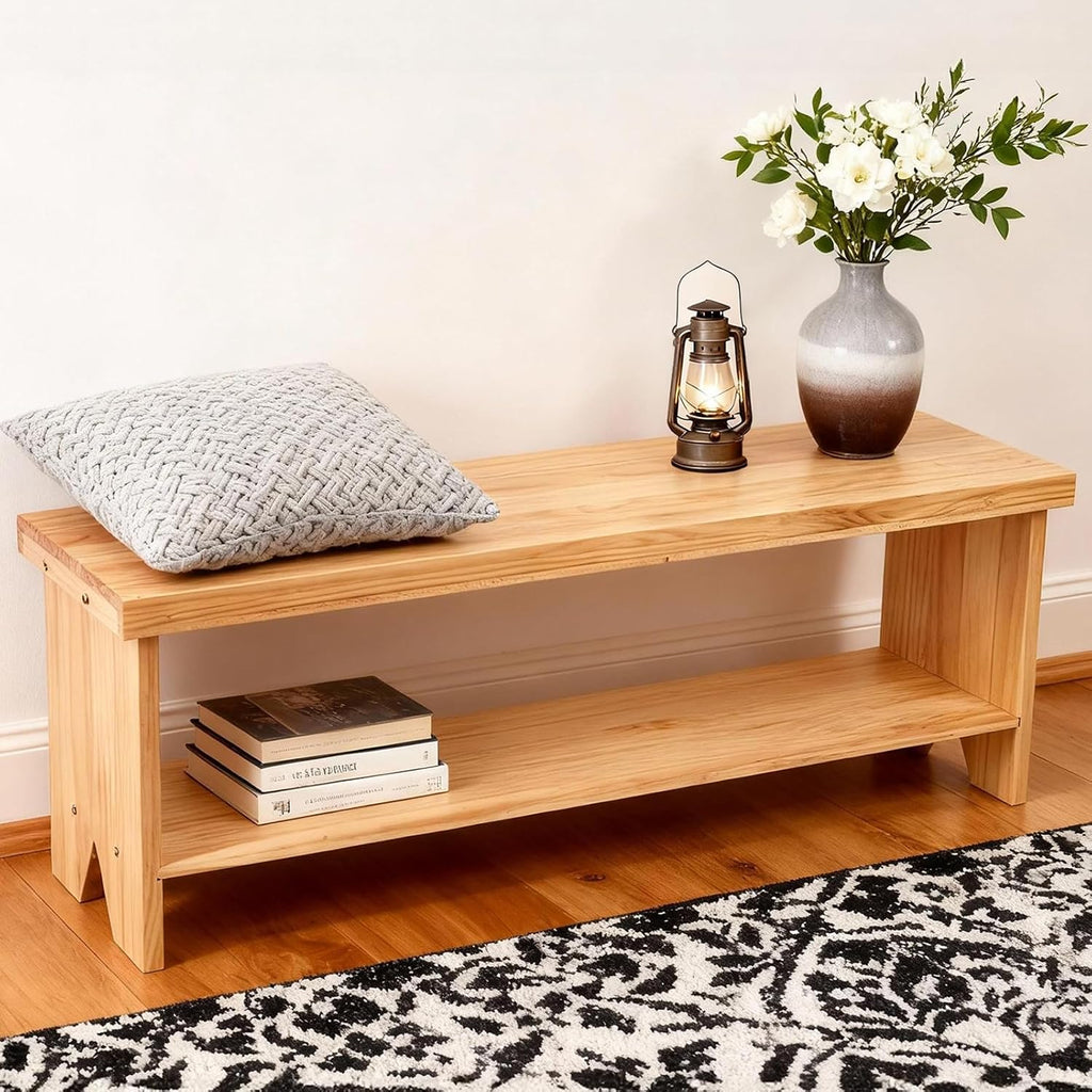 43" Solid Wood Farmhouse Bench, Entryway Bench with Storage Shelf, Narrow Rustic Indoor Bench for Bedroom, Entryway, Hallway, Dining
