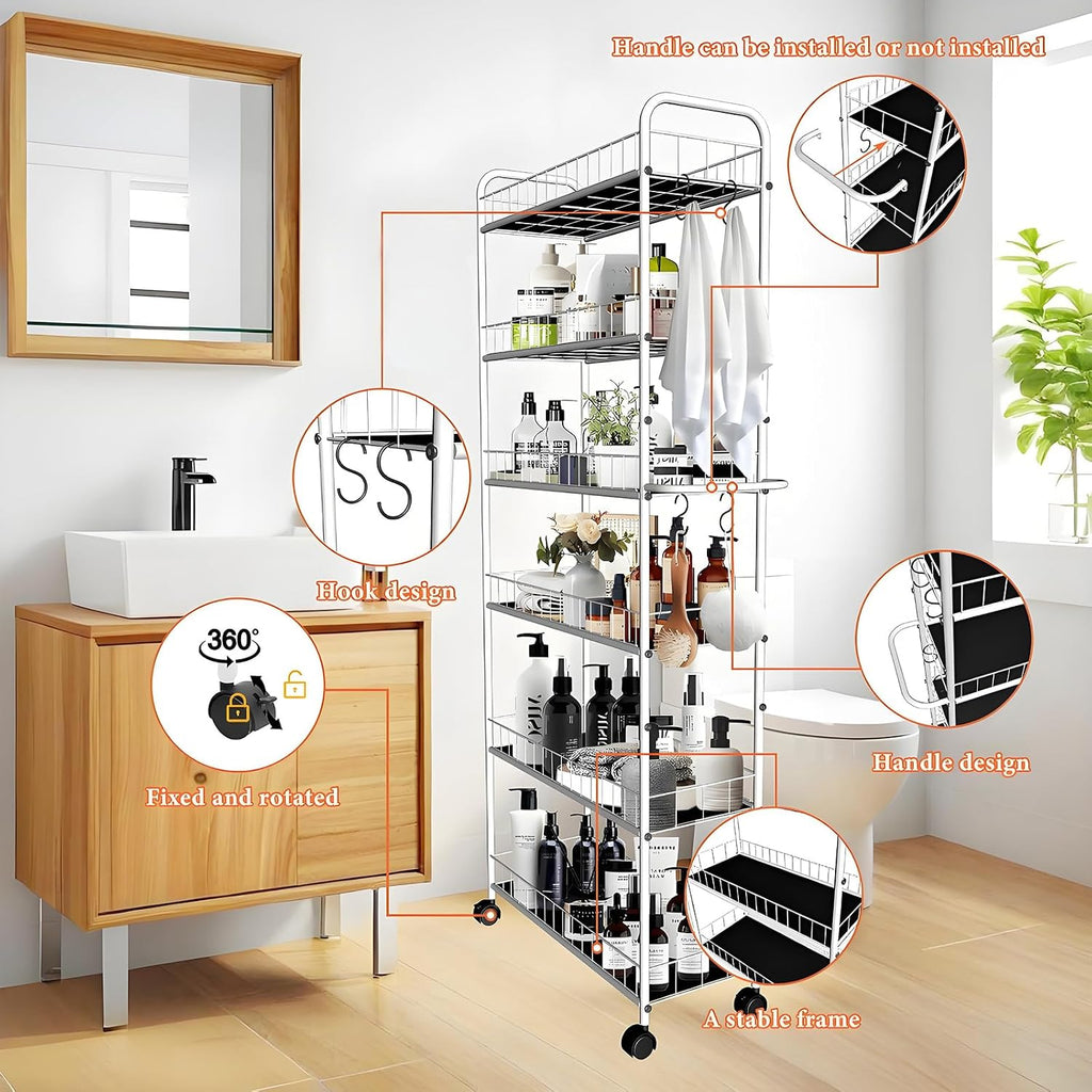 10in 6 Tier Slim Storage Cart with Wheels, Narrow Space Rolling Shelving Unit with Handle, Metal Wire Mobile Organizer Rack for Kitchen Bathroom Office Laundry