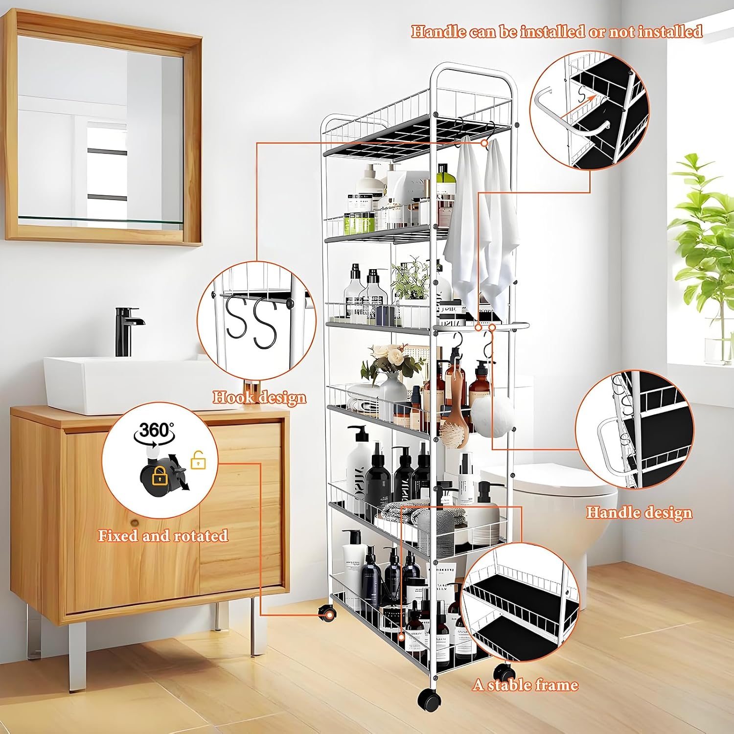10in 6 Tier Slim Storage Cart with Wheels, Narrow Space Rolling Shelving Unit with Handle, Metal Wire Mobile Organizer Rack for Kitchen Bathroom Office Laundry