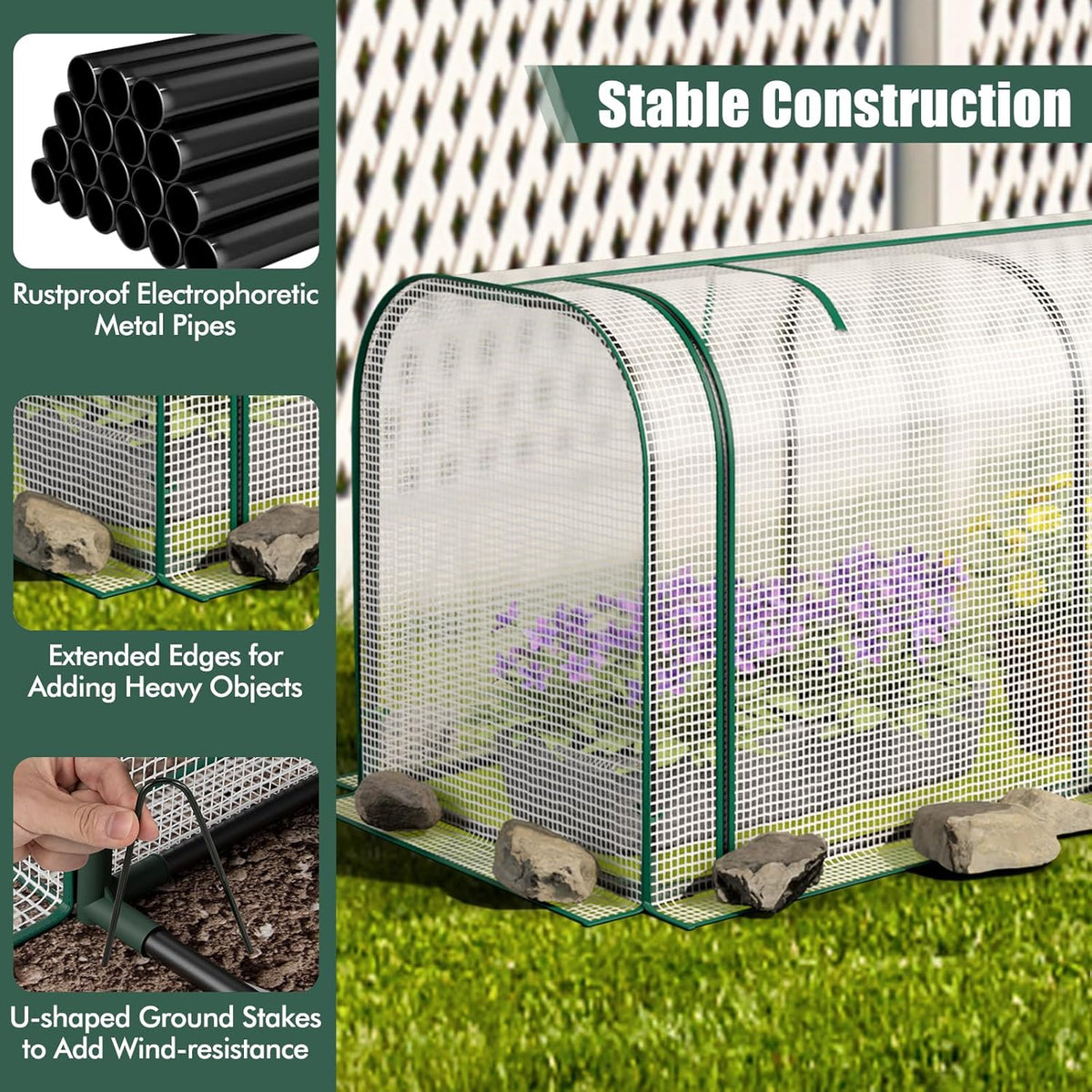 Happygrill Portable Mini Greenhouse, 47" x 22" x 24" Green House w/ Roll-up Zipper Door, Metal Frame, Waterproof Sun-Protective PE Cover, Small Greenhouses for Raised Garden Bed, Outdoor (White)