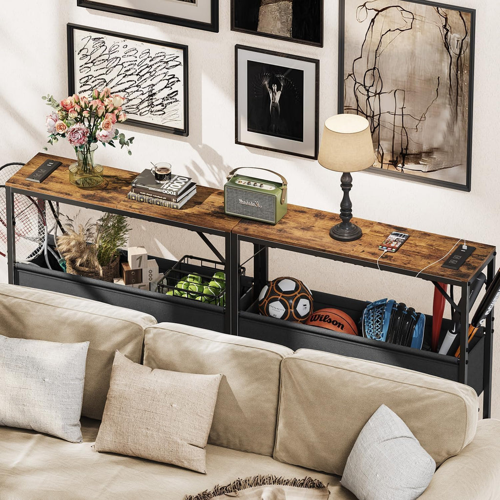 Asgolion 31.5" Console Table, 9.5" D Entryway Table with Power Outlets & USB Ports & Fabric Basket, Narrow Sofa Table for Hallway, Foyer, Living Room, Rustic Brown