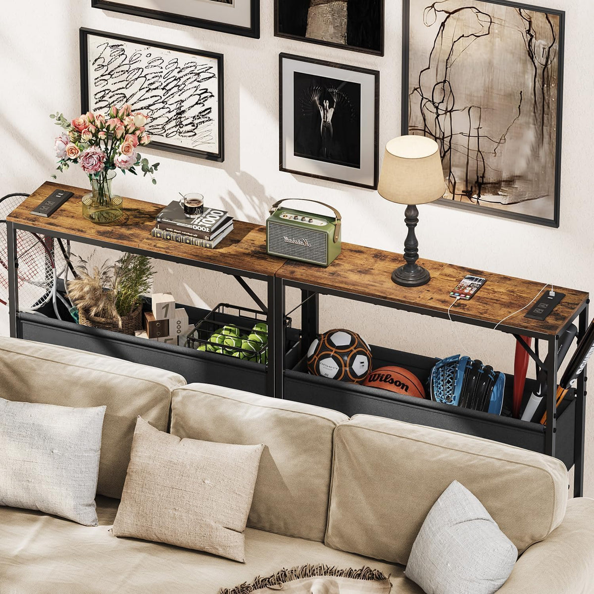 Asgolion 31.5" Console Table, 9.5" D Entryway Table with Power Outlets & USB Ports & Fabric Basket, Narrow Sofa Table for Hallway, Foyer, Living Room, Rustic Brown