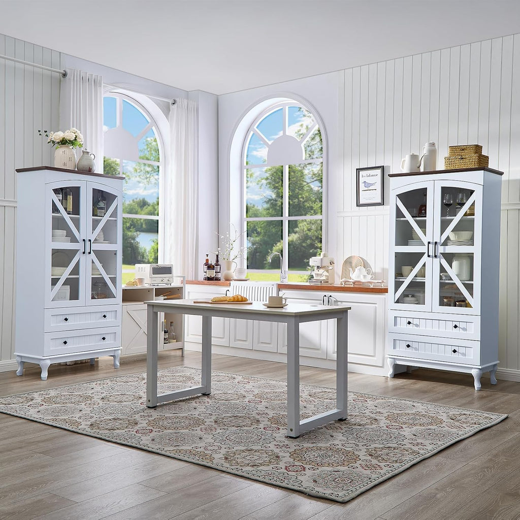 72" Tall Pantry Cabinet, Wood Arched Kitchen Pantry Storage Cabinets with 2 Glass Door and Adjustable Shelves, White Farmhouse Buffet Cupboard for Kitchen, Dining Room, Living Room and Bathroom