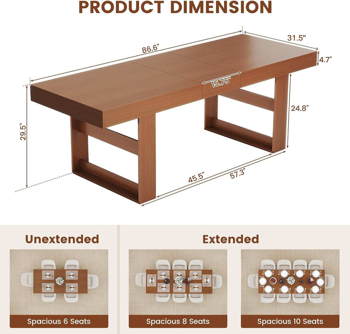 Extendable Dining Room Table for 6-10, 70.9"-78.7" Long Kitchen Table with Thick Tabletop, Space Saving Modern Dinner Table with Solid Wood Legs for Kitchen Dining Living Room, Walnut