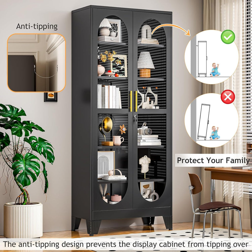 75" H Locking Display Cabinet with Glass Door, Tall Storage Cabinet with 5 Adjustable Shelves, Metal Curio Cabinet Multi-Purpose Display Case for Collectibles Living Room/Bedroom/Kitchen/Bar