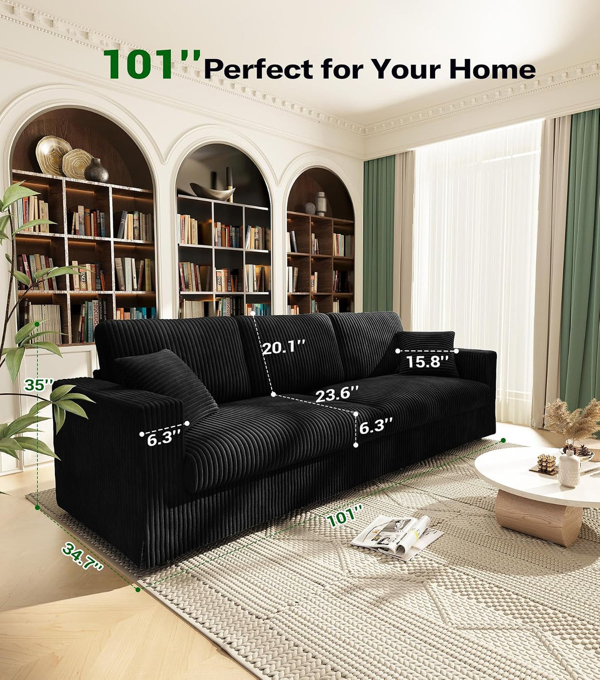 Welzona 101" Sofas for Living Room, Oversized Couch,Couches for Living Room | Comfy Corduroy Couch, Tool-Free Setup Sofa Couch, 6.3" Extra Wide Armrest, All-Wood Modern Couch For Bedroom, 2 Pillow, Black