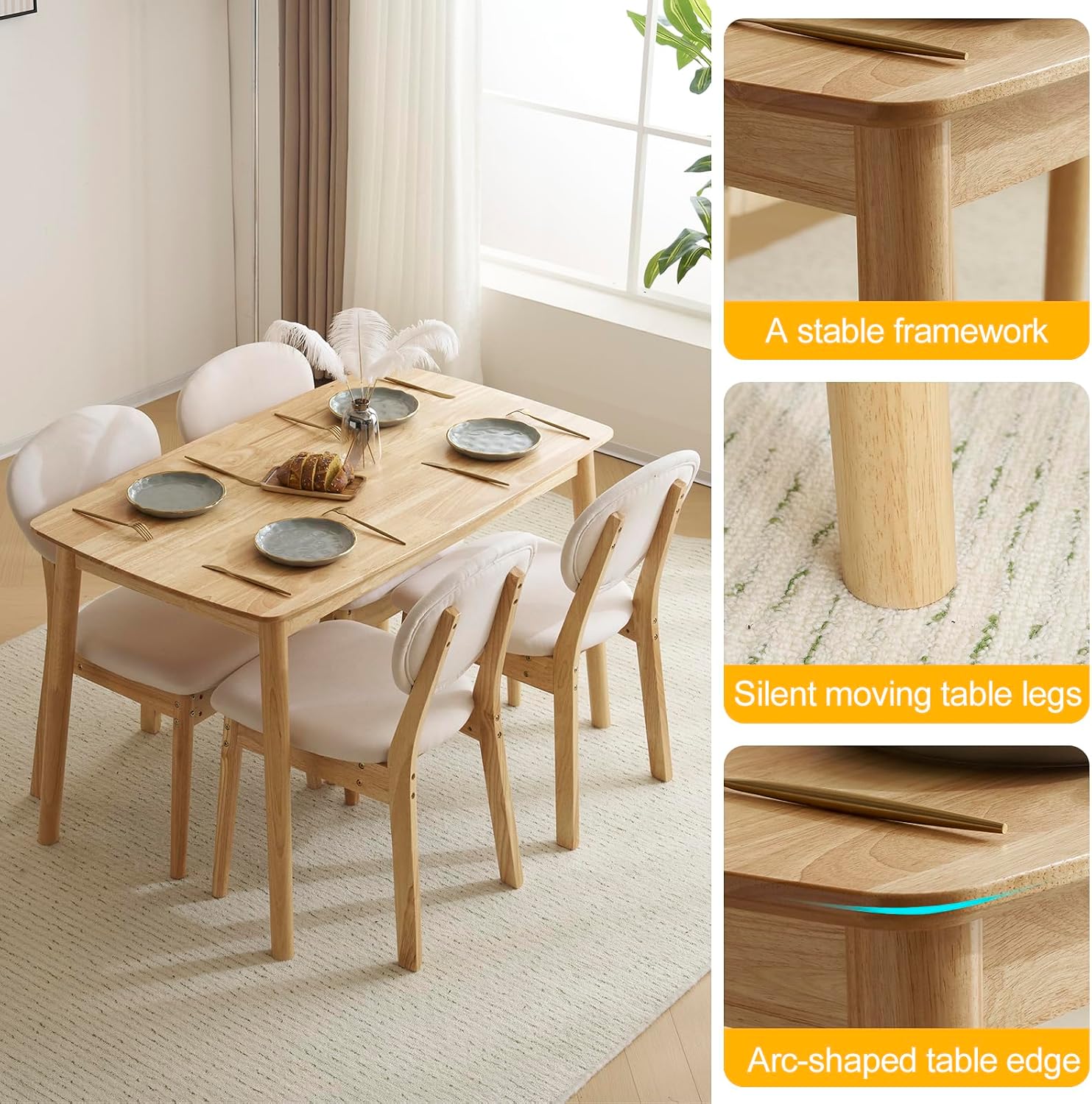Karl home 5-Piece Dining Table Set for 4, Solid Wood Frame, Nature | Mid-century modern dining table with chairs, padded seats & backrests,compact design, for kitchen/small apartment/dining room