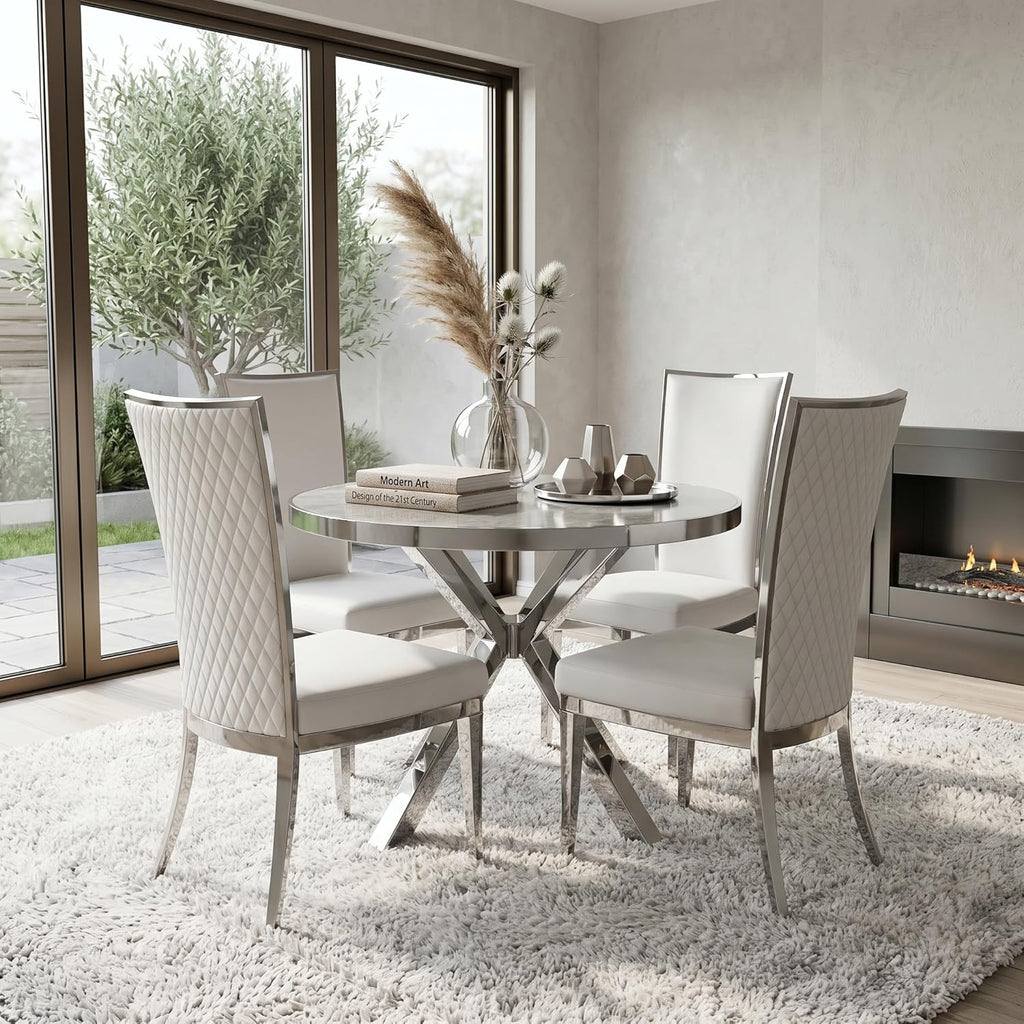 AUZ White and Silver Dining Chairs, Modern Velvet Upholstered Dining Room Chairs with High Back and Mirrored Metal Legs for Restaurant Kitchen, Set of 2