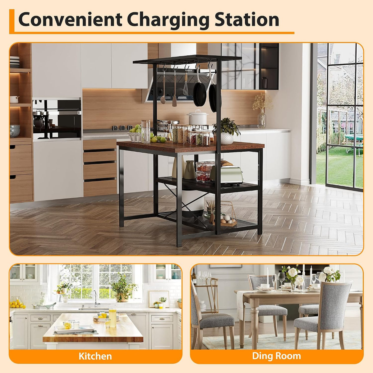 TrailBlaze 42'' Kitchen Island with Storage– 3-Tier Bakers Rack, Wooden Top, Sturdy Metal Frame, 5 Hooks, Space-Saving Design for Small Kitchens, Coffee Bar or Dining Room –No Stools
