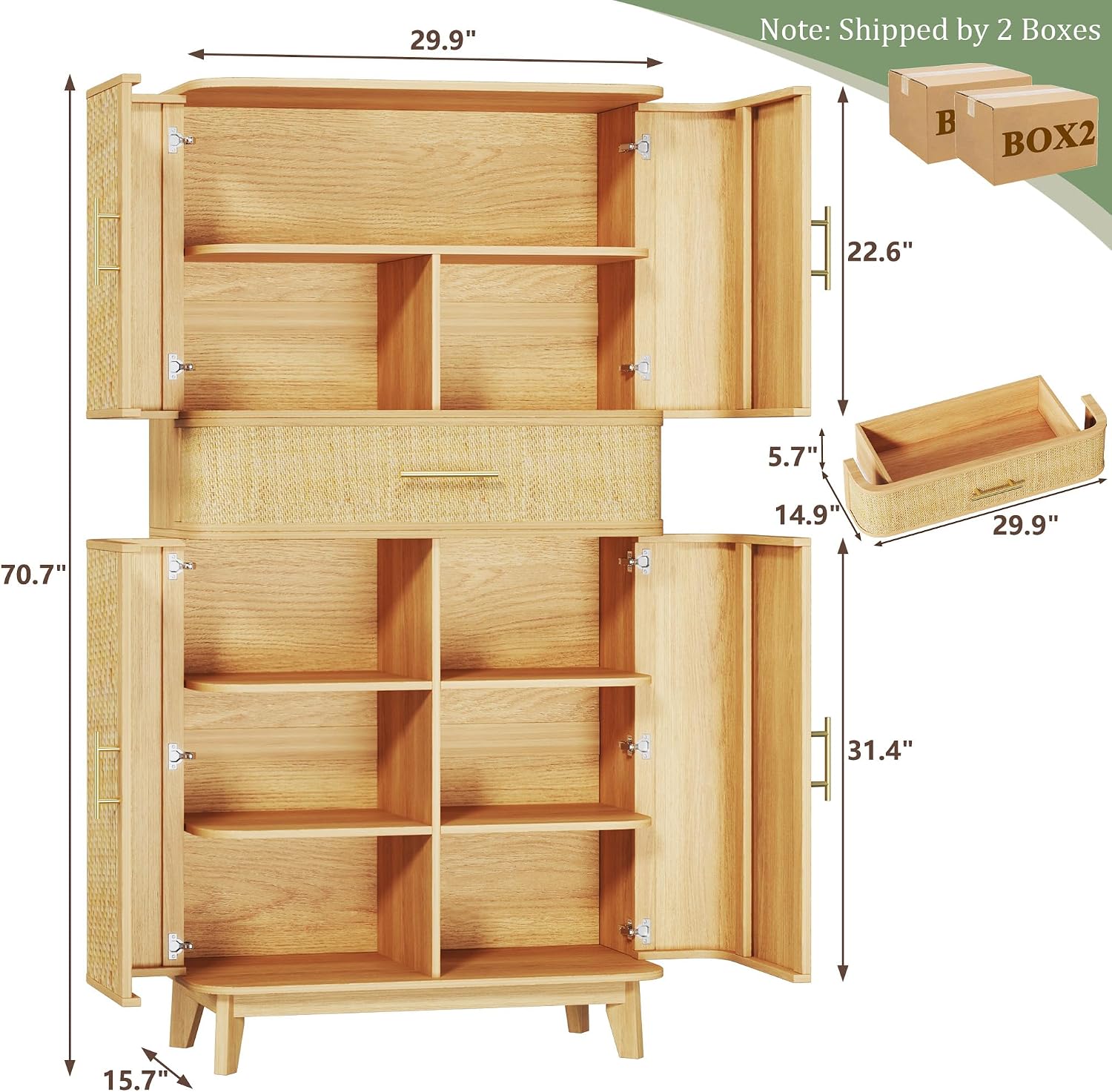 HUAHUU 71" Tall Pantry Cabinet with Curved Rattan Doors, Large Pantry Storage Cabinet with Drawer & Adjustable Shelves, Modern Farmhouse Kitchen Cabinet for Dining Room, Living Room, Oak