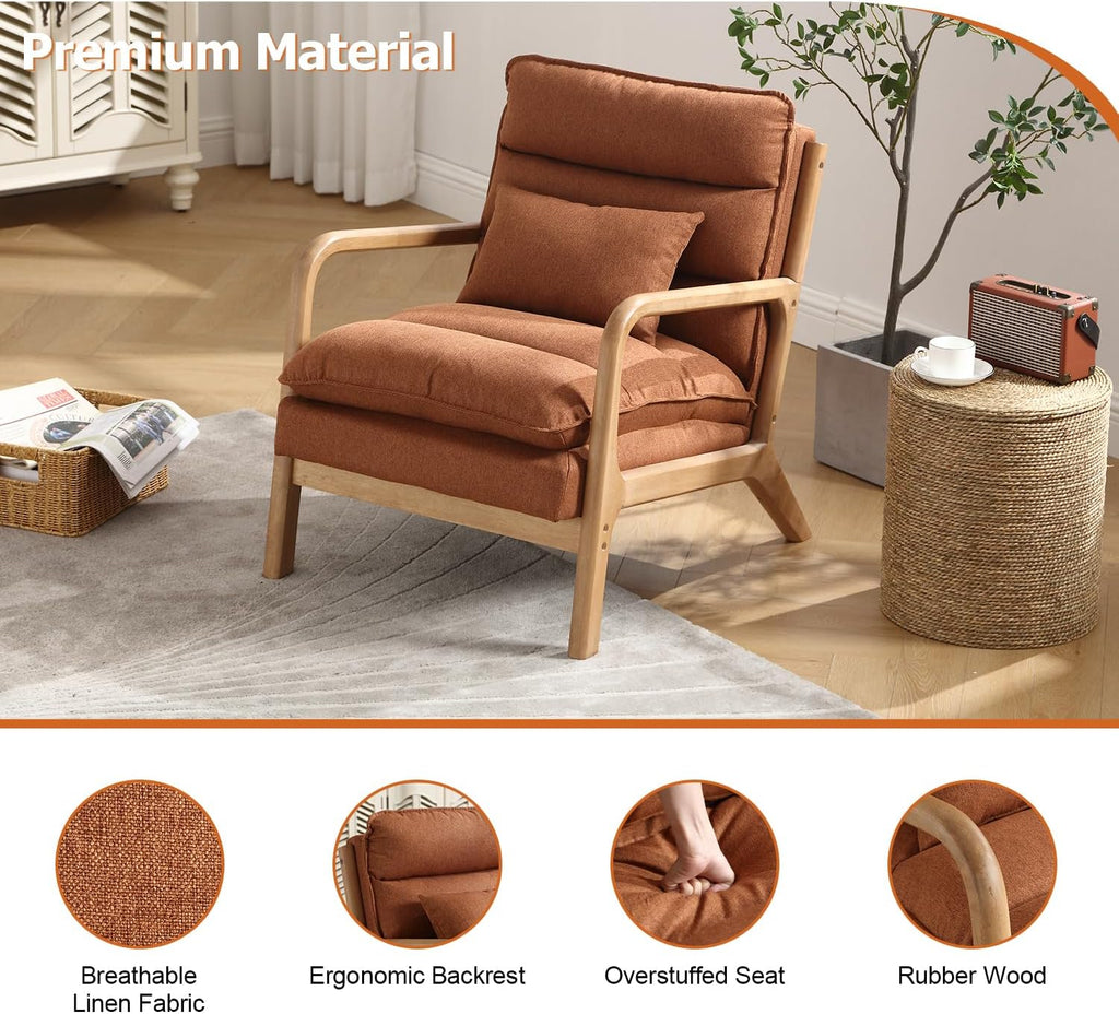 INZOY Mid Century Modern Accent Chair with Wood Frame, Upholstered Reading Armchair with Waist Cushion, Double Padded Accent Chair, Side Chair for Living Room Bedroom Office, Easy Assembly, Brown