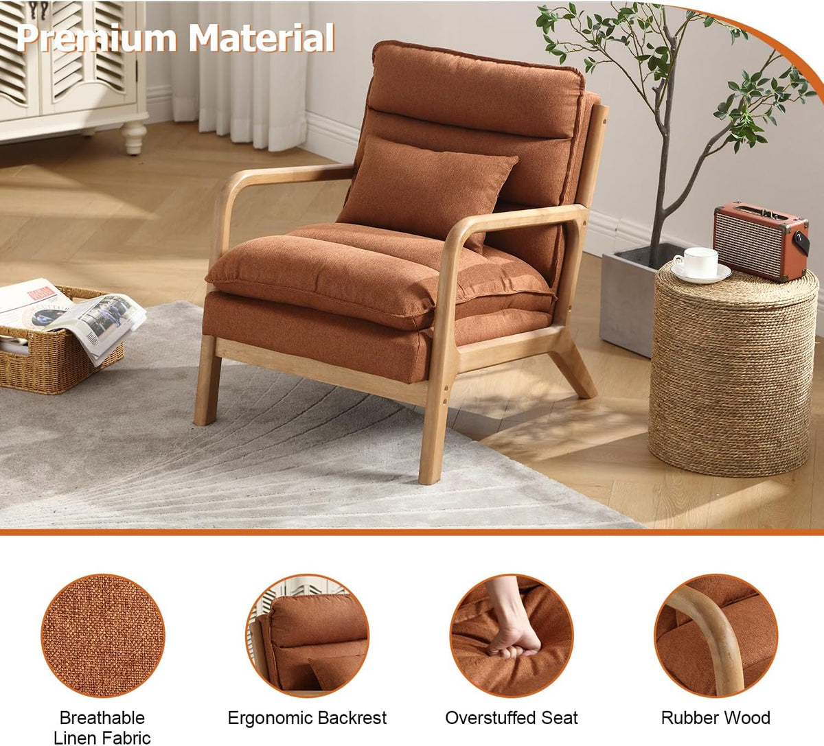 INZOY Mid Century Modern Accent Chair with Wood Frame, Upholstered Reading Armchair with Waist Cushion, Double Padded Accent Chair, Side Chair for Living Room Bedroom Office, Easy Assembly, Brown