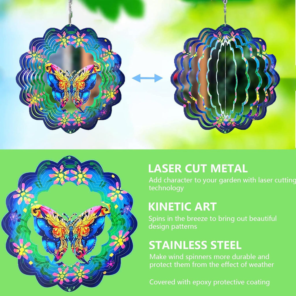 Metal Wind Spinners 3D Hanging Butterfly Wind Spinner 10Inch Metal Wind Spinners for Outdoor&Indoor Decor, Yard Art, Garden Decoration, Blue