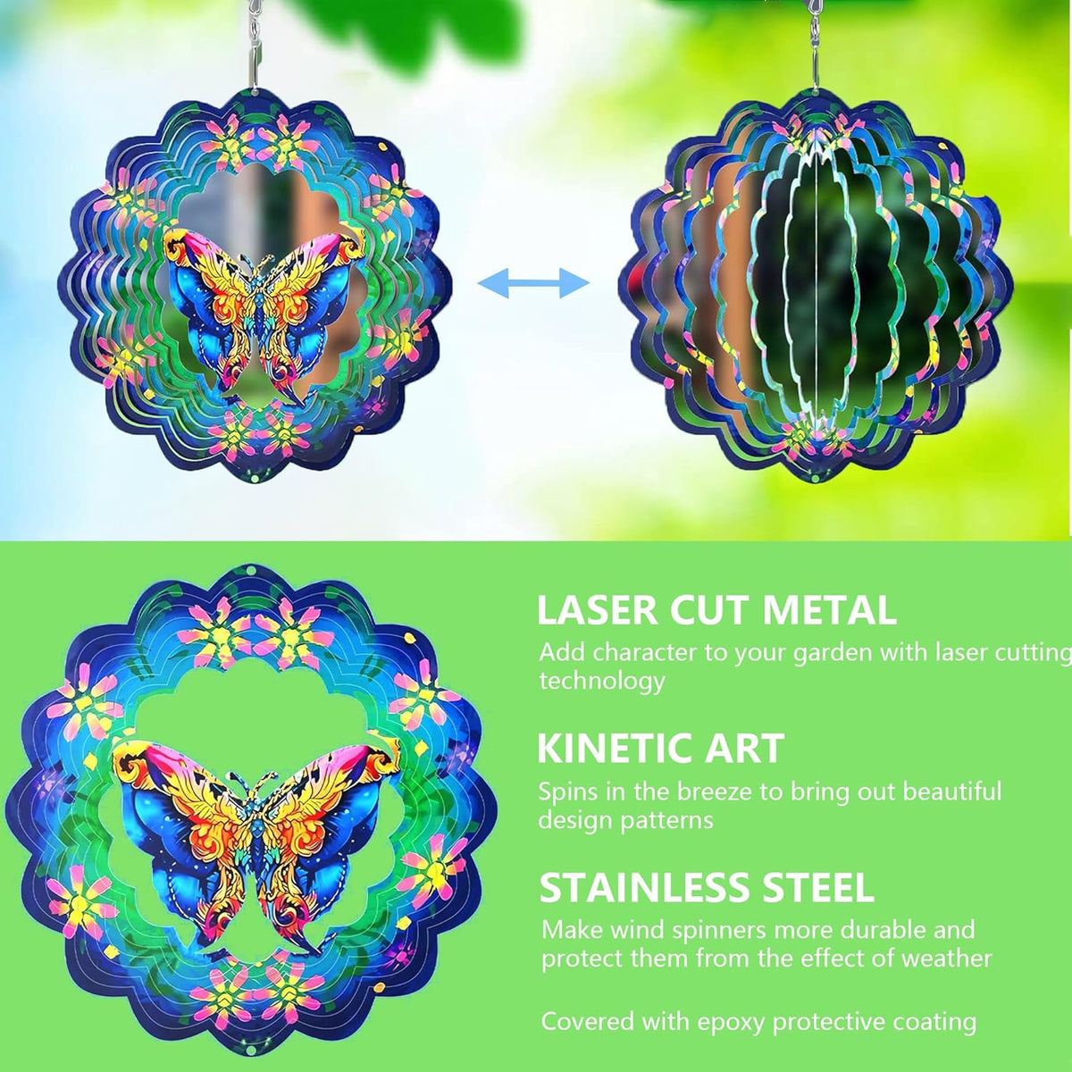 Metal Wind Spinners 3D Hanging Butterfly Wind Spinner 10Inch Metal Wind Spinners for Outdoor&Indoor Decor, Yard Art, Garden Decoration, Blue