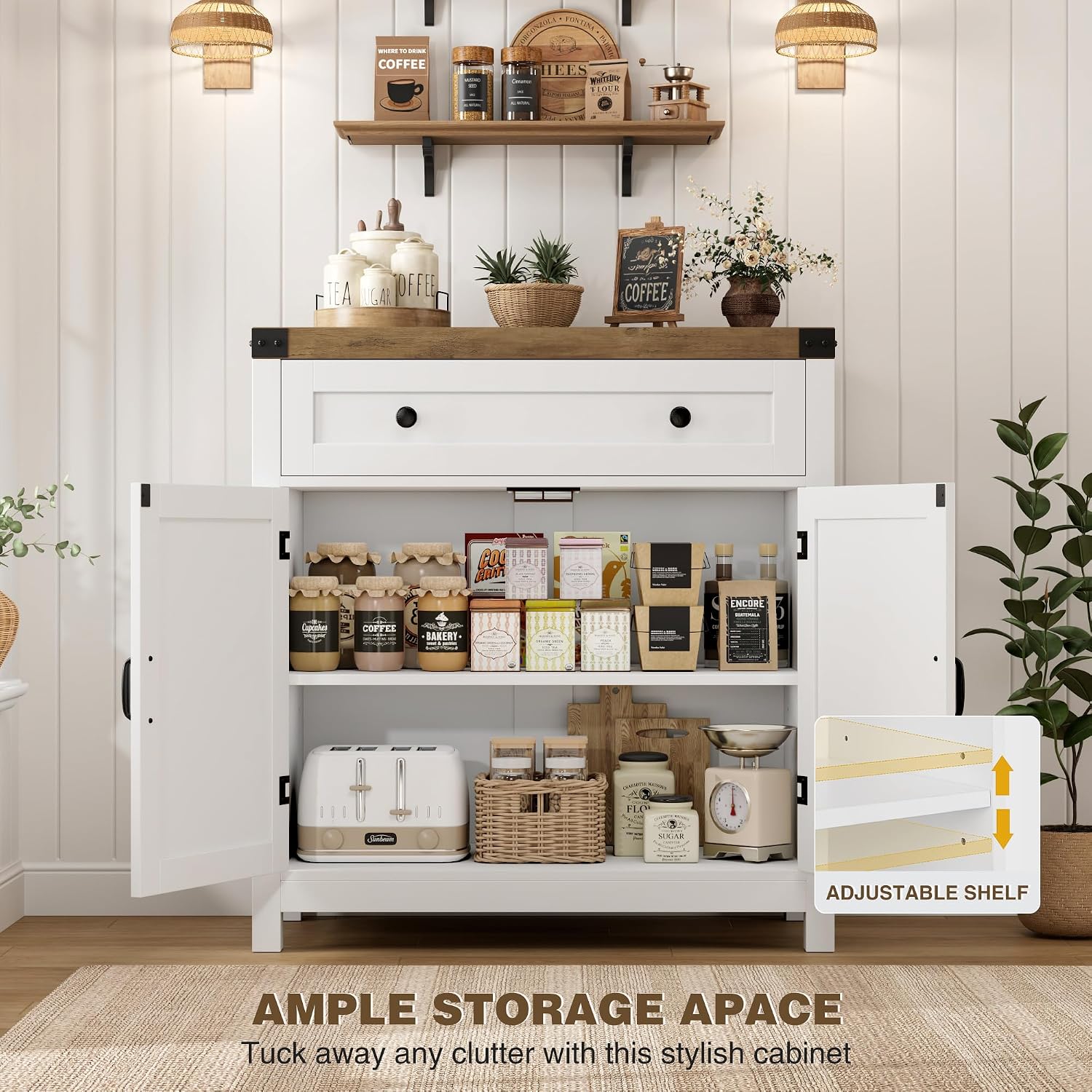 HOSTACK 31.5"W Kitchen Storage Cabinet, Farmhouse Coffee Bar Cabinet, White | Small Buffet Cabinet with Doors & Wide Drawer, Wood Sideboard Buffet, Entry Table w/ Adjustable Shelf for Dining Living Room