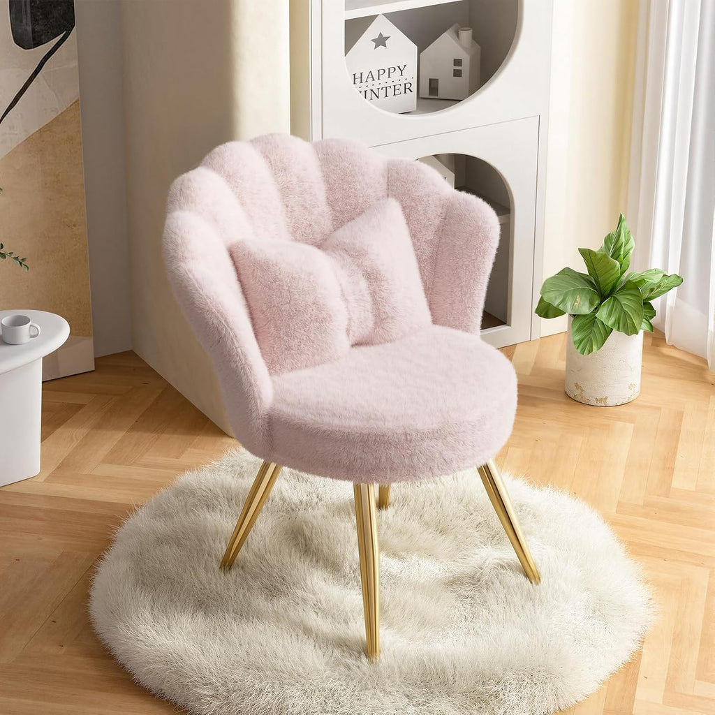 Plush Sherpa Accent Chair with Gold Metal Legs, Fluffy Vanity Chair for Makeup Room, Upholstered Guest Chair for Living Room, for Bedroom, Pink