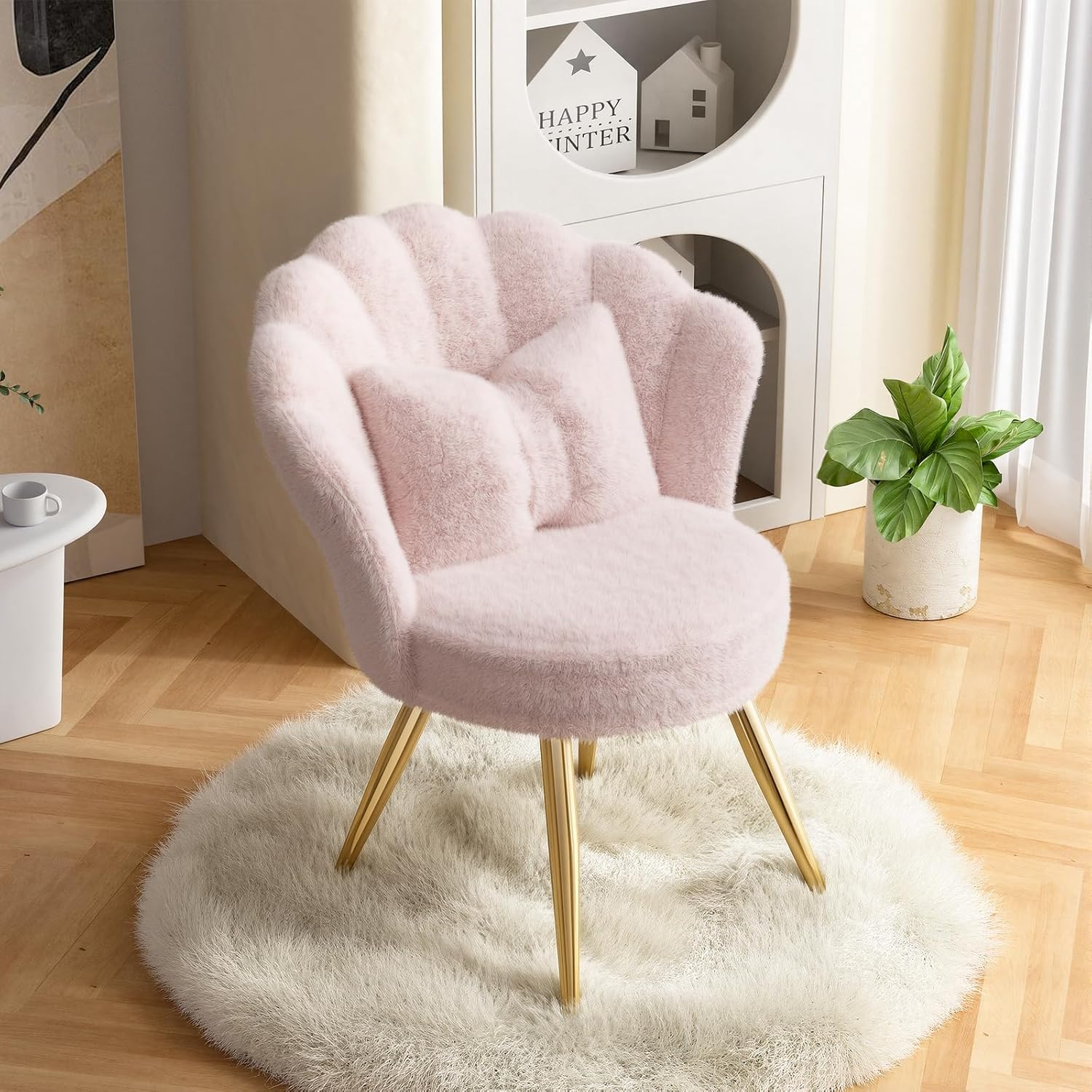 Plush Sherpa Accent Chair with Gold Metal Legs, Fluffy Vanity Chair for Makeup Room, Upholstered Guest Chair for Living Room, for Bedroom, Pink
