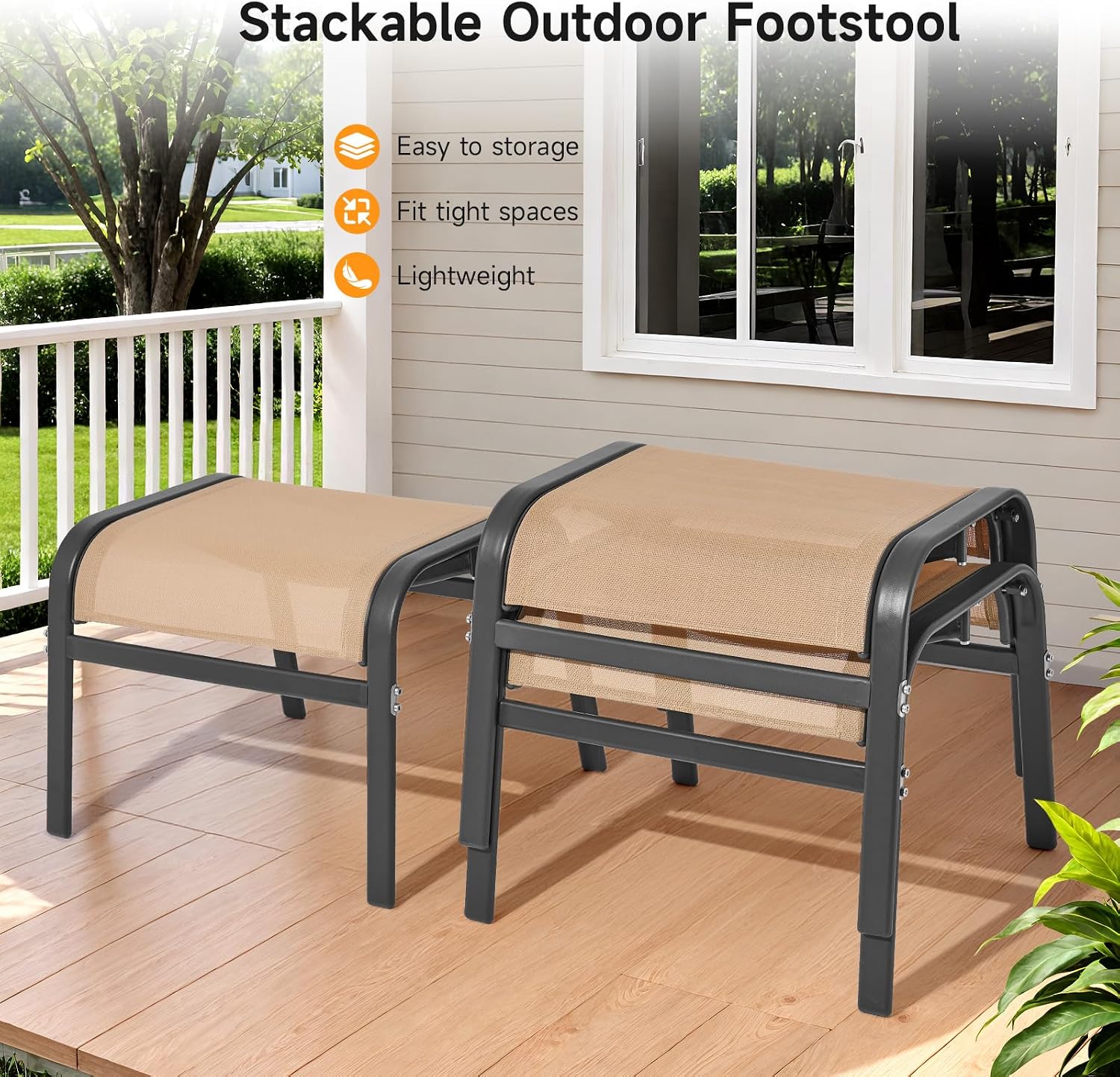 ONBRILL Outdoor Ottoman Set of 2, Oversized Outdoor Foot Rest, Beige | Stackable, All Weather Outdoor Foot Stool, Supportive Textliene, Metal Frame, Patio Garden Pool Furniture