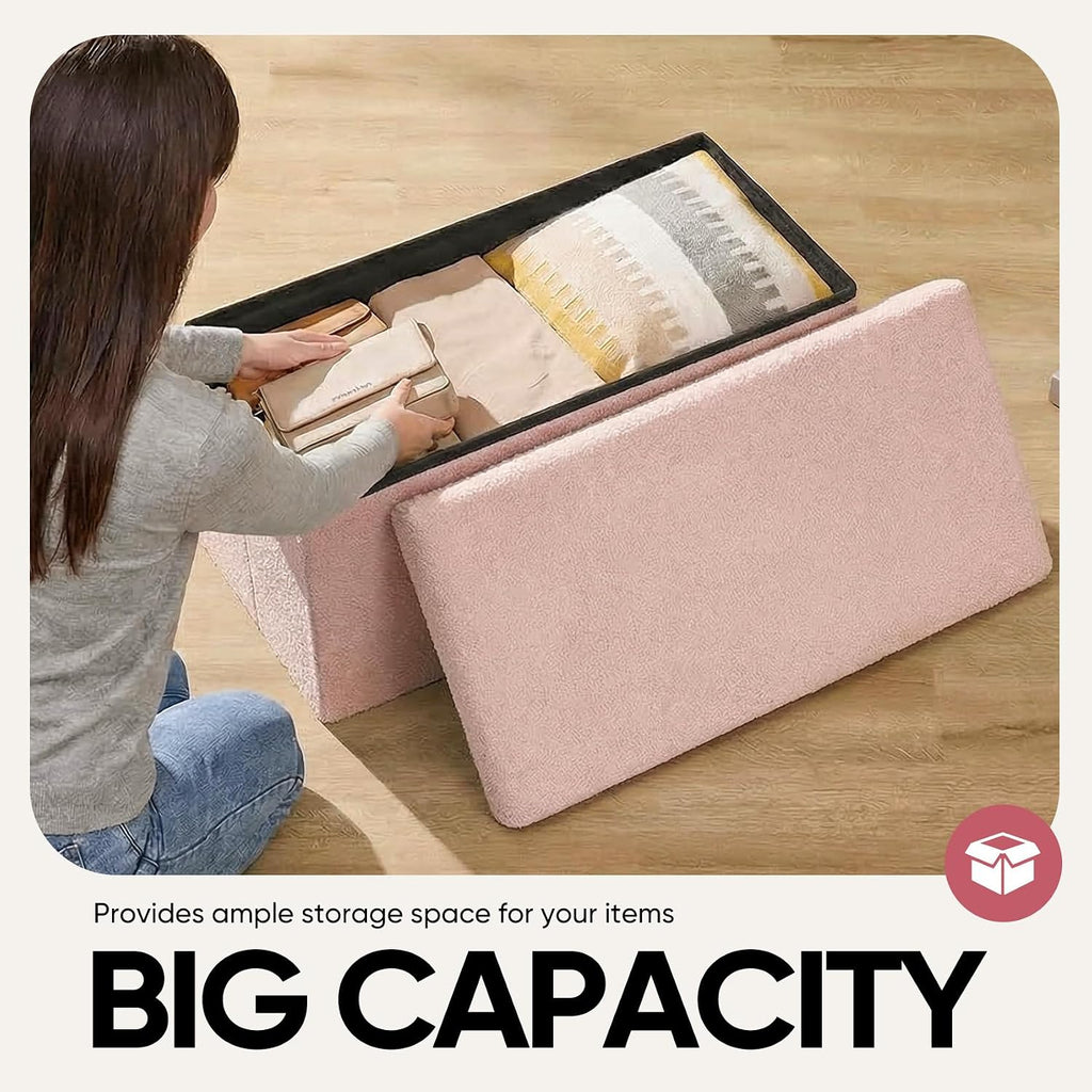 30 Inches Storage Ottoman Bench - Square Ottoman with Sherpa Top,Storage Bench for Bedroom 30" L x 15" W x 15" H - Pink