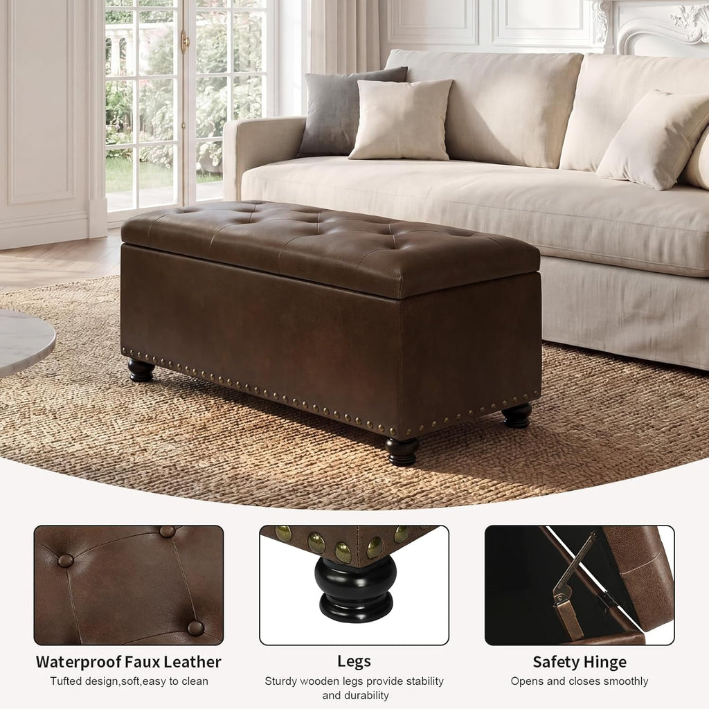 Asense Storage Ottoman Bench, Faux Leather Ottoman with Storage for Living Room Bedroom, Multi-Functional Storage Chest Foot Rest, Upholstered Bench for End of Bed, Entryway, 35.4" W