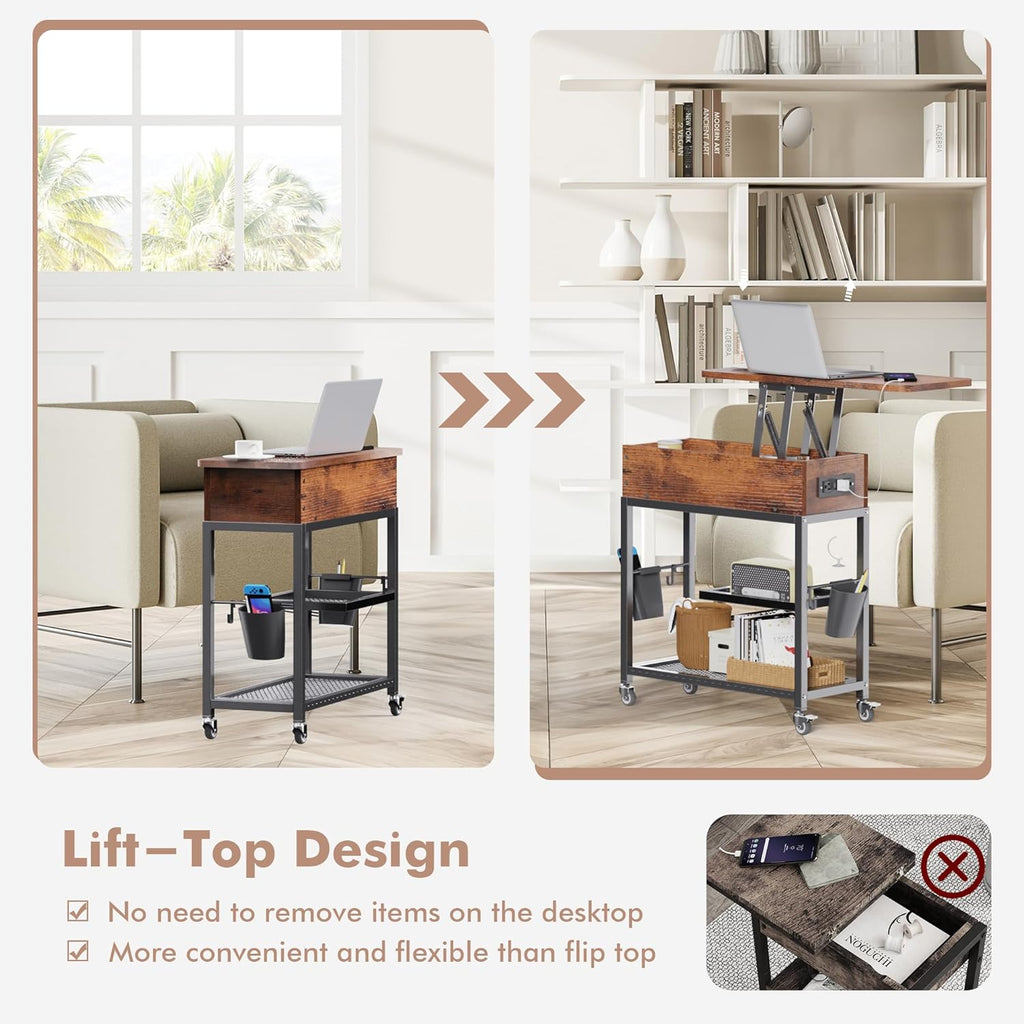 Colima Lift-Top Side Table with Charging Station - Mobile End Table with USB Ports & AC Outlets, Hidden Storage, Wheels - Rustic Wood Nightstand for Living Room, Bedroom, Office