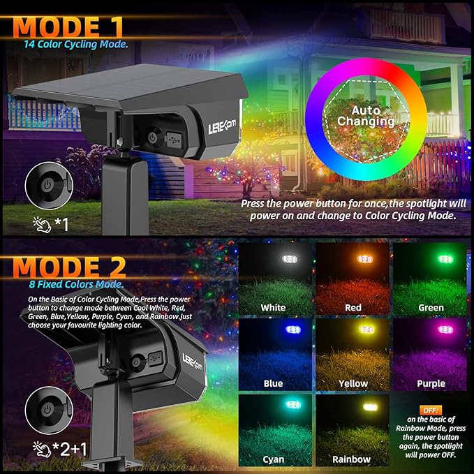 Solar Outdoor,40 LEDs Color Changing RGB Solar Landscape Path Lights,USB & Solar Powered Multicoloured Spotlights,14 Colors Auto Cycling Spotlights for Yard,Garden,2 Pack