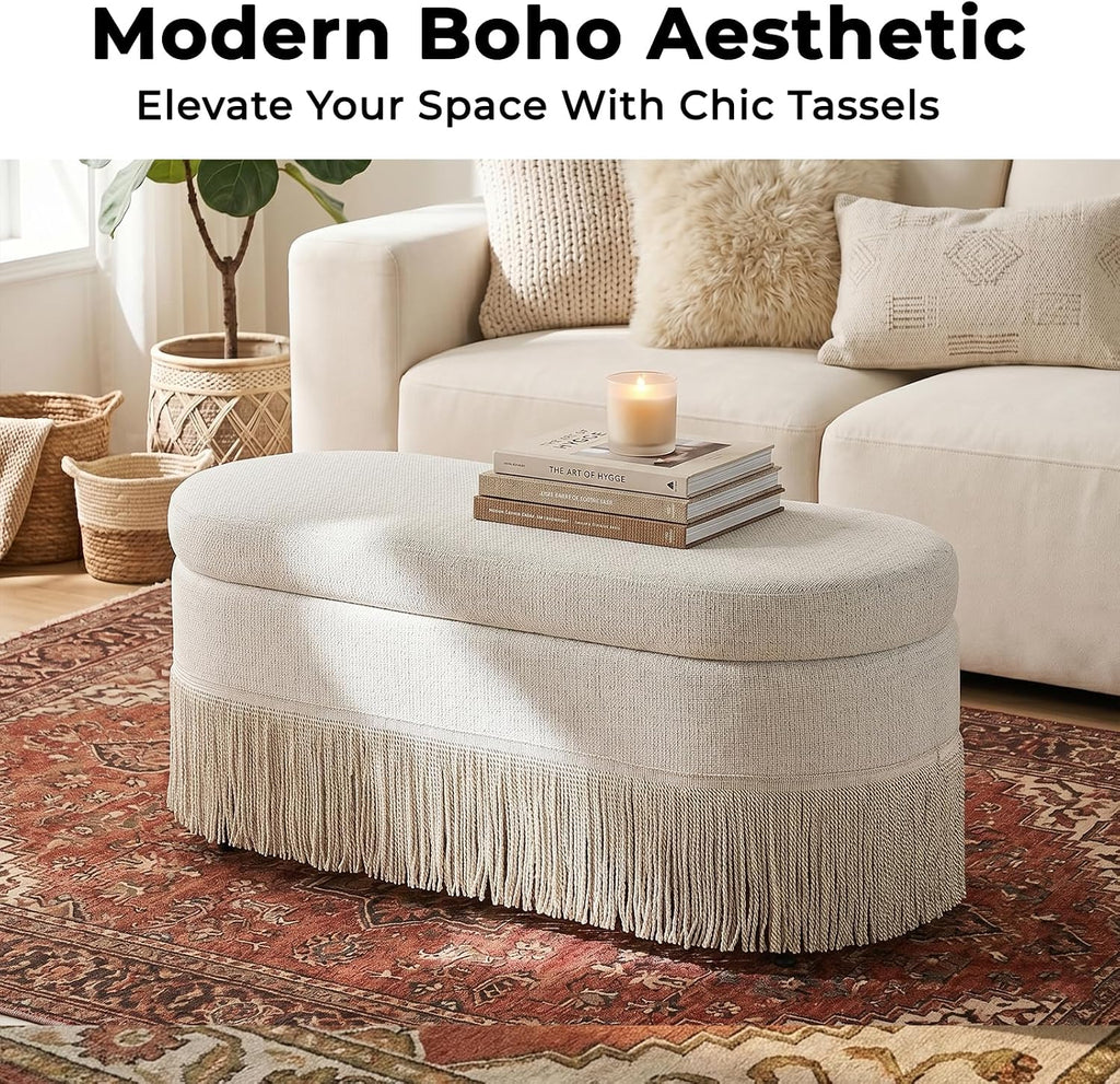 39.4“ Boho Storage Ottoman Bench with Tassels,Upholstered End of Bed Bench | Linen Oval Ottoman with Storage, Entryway Foot Rest for Bedroom, Lift-Top Lid with Safety Hinge, Living Room, Beige