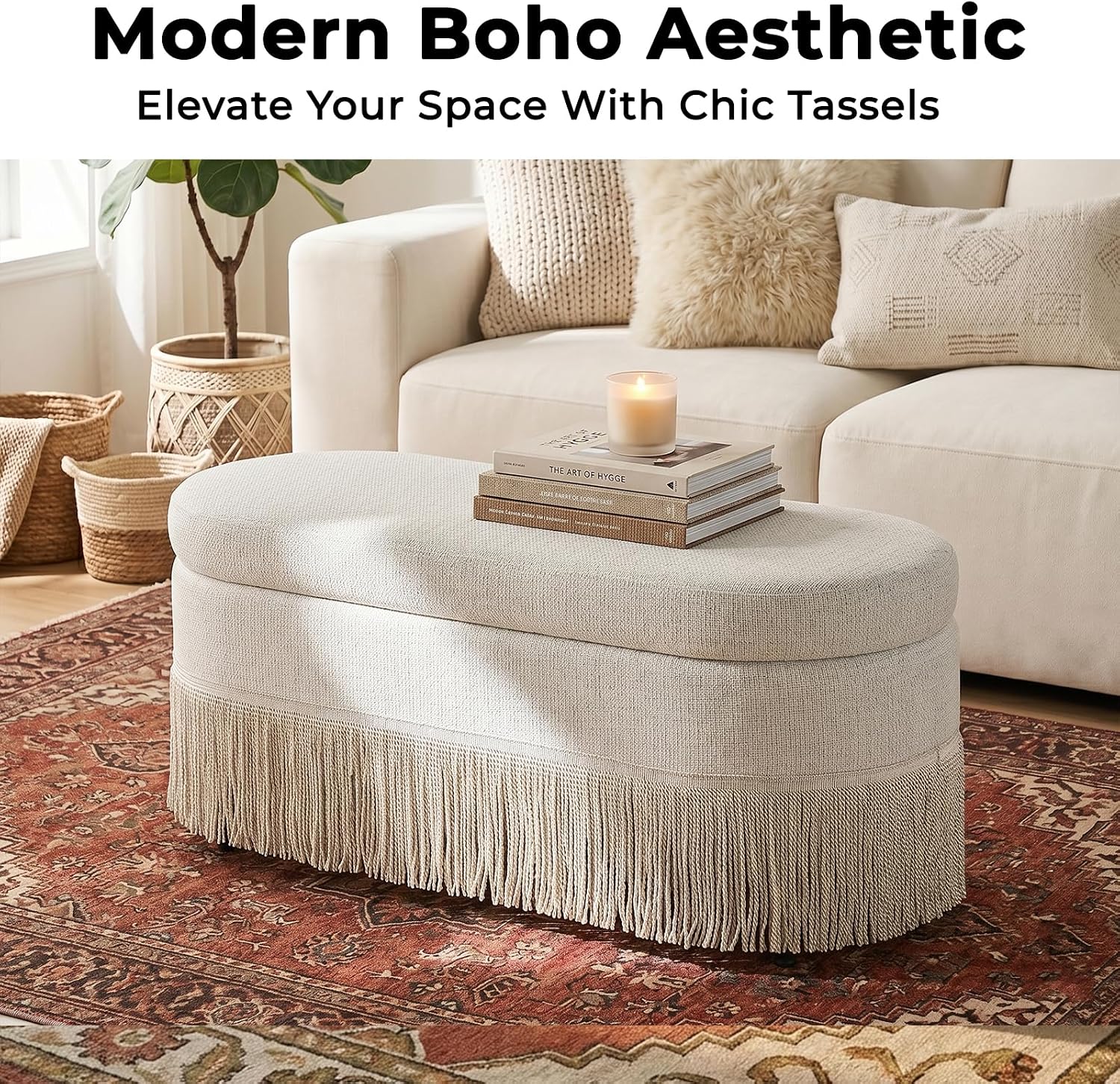 39.4“ Boho Storage Ottoman Bench with Tassels,Upholstered End of Bed Bench | Linen Oval Ottoman with Storage, Entryway Foot Rest for Bedroom, Lift-Top Lid with Safety Hinge, Living Room, Beige