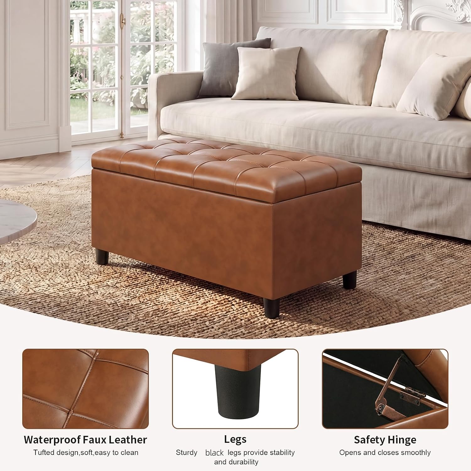 Asense Storage Ottoman Bench,Faux Leather Upholstered Ottoman with Storage,End of Bed Bench with Safety Hinge,for Entryway,Bedroom,Living Room