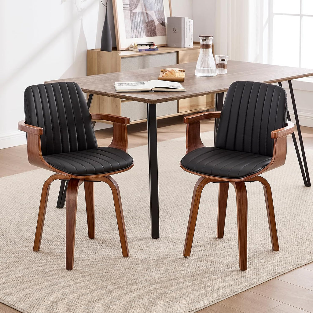 VipDesk Dining Chairs Set of 2 - Mid Century Modern Swivel Kitchen Chairs for Dining Room, Upholstered PU Leather Chairs with Wooden Arms and Legs, Black