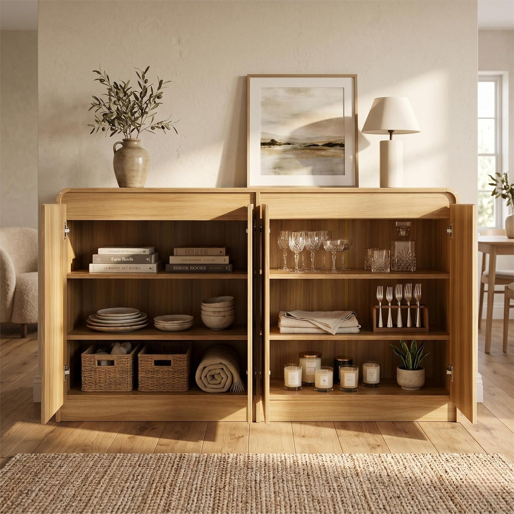 FURSUN 61" Modern Fluted Sideboard with Curved Design, 4-Door Buffet Cabinet with Adjustable Shelves, Large Wood Coffee Bar Station for Dining Room & Kitchen(Natural Oak)