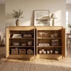 FURSUN 61" Modern Fluted Sideboard with Curved Design, 4-Door Buffet Cabinet with Adjustable Shelves, Large Wood Coffee Bar Station for Dining Room & Kitchen(Natural Oak)