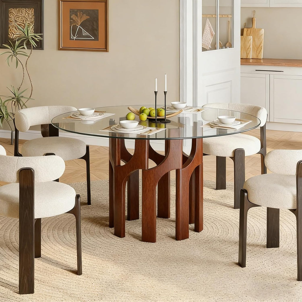 Round Glass Dining Table for 4-6, Modern 46-Inch Kitchen Table with Sturdy Pedestal Base & Clear Tempered Glass Top, Circle Dinner Table for Dining Room, Living Room & Small Apartment (Walnut)