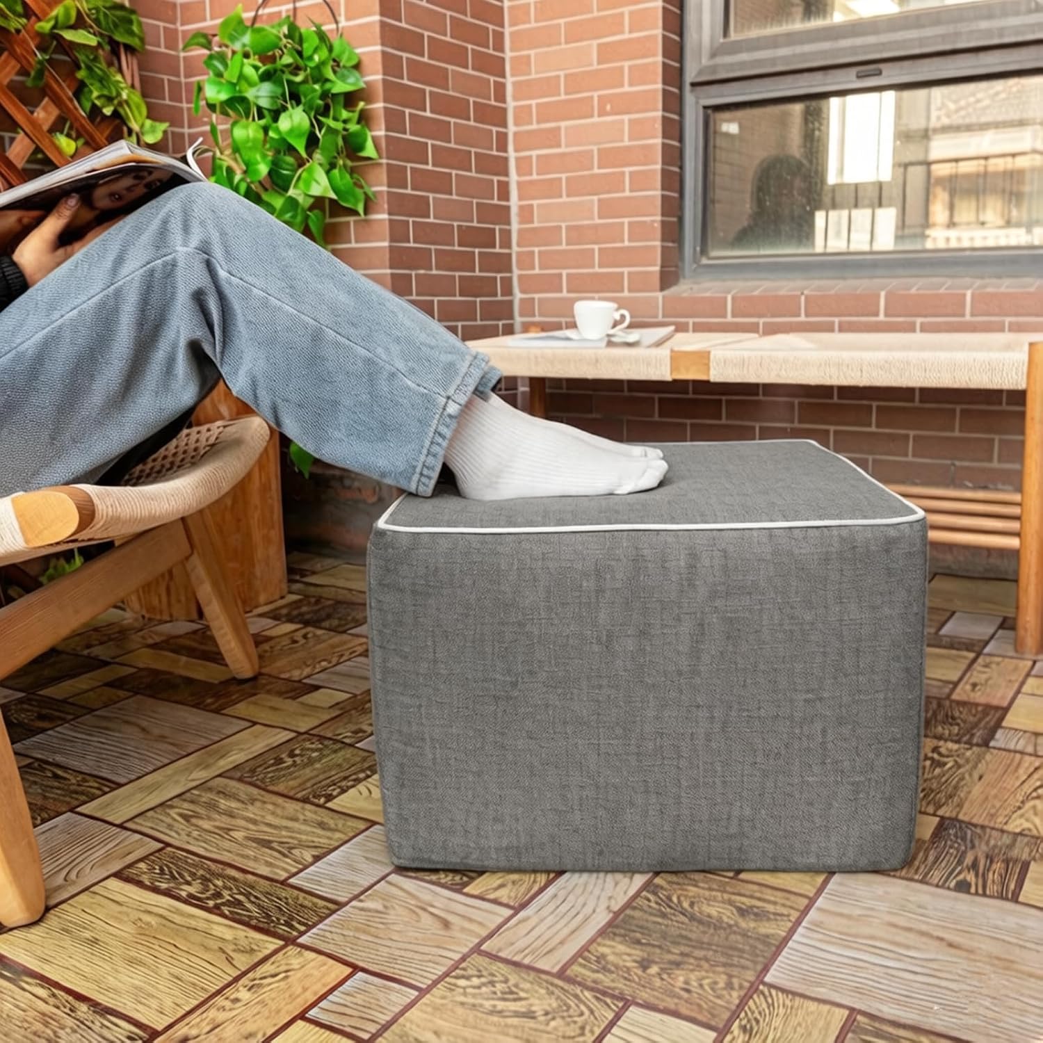 Outdoor Square Ottoman,Pouf Foot Rest for Patio Waterproof,Gray,20x20x14In | Patio Ottoman Footrest with High-Density Foam Filler Perfect as Waterproof Footstool,Extra Seating for Deck Garden Poolside