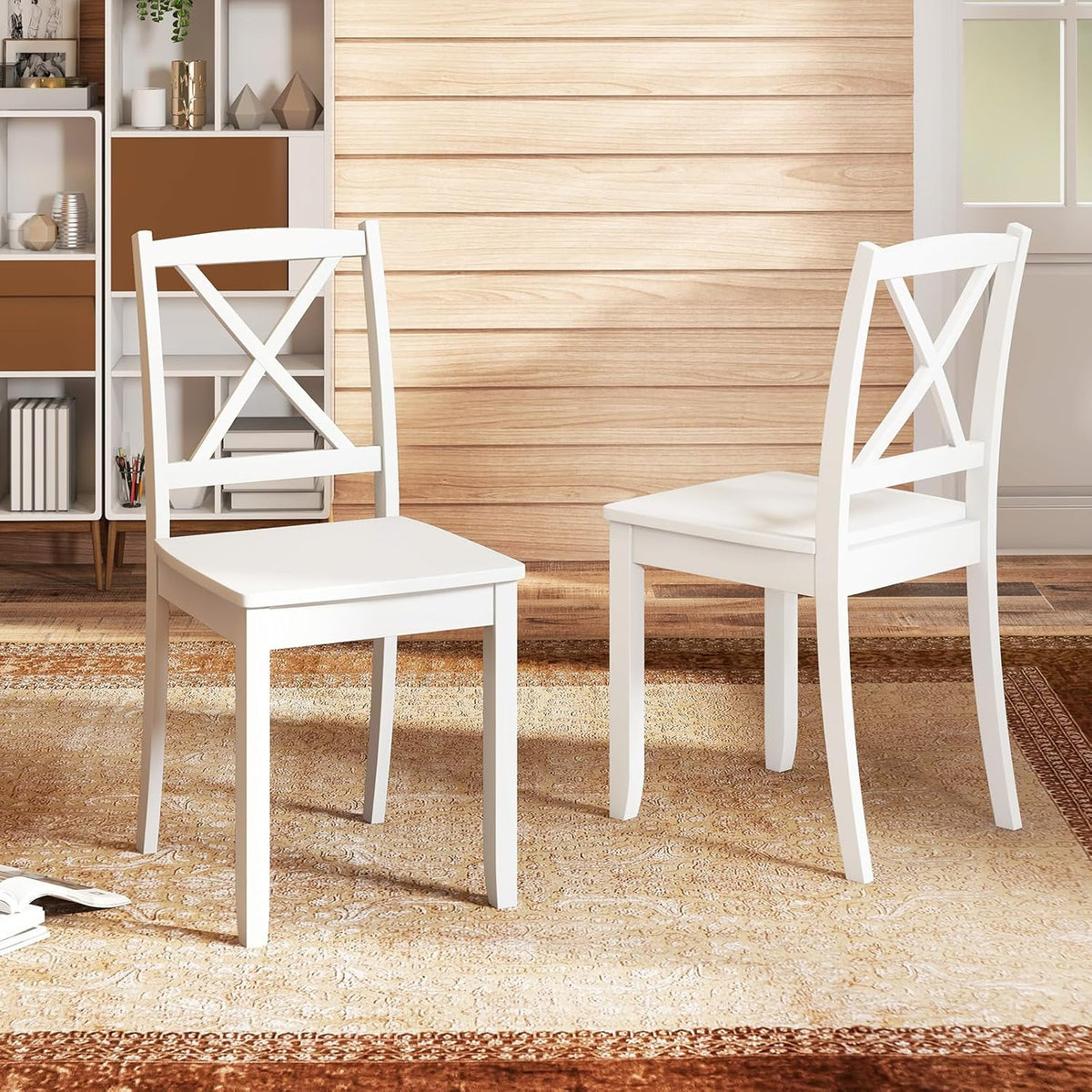 GOFLAME Dining Chairs Set of 4, Kitchen Chairs with Rubber Wood Legs & Cross Back, Farmhouse Armless Dinette Chairs for Dining Room, Living Room, Restaurant, 400 LBS Load Capacity, White