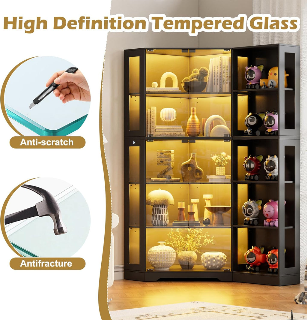 PAKASEPT Corner Display Curio Cabinet with Glass Doors, Glass Display Case with LED Lights for Collectibles,Display Storage Shelves for Living Room,Black
