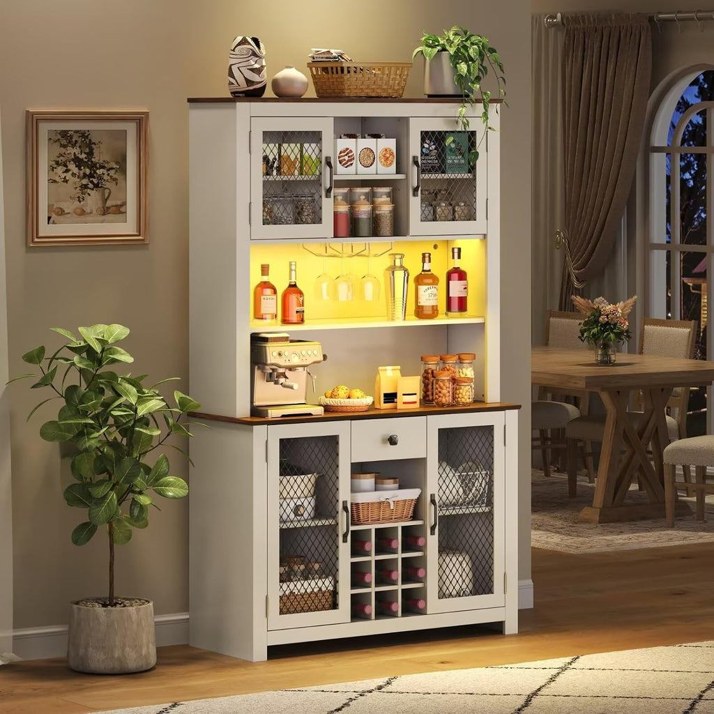 DRIXNO 70.9" White Kitchen Pantry Cabinet with RGB LED Lights & Charging Station, Farmhouse Buffet Hutch with Metal Mesh Doors, Wine Glass Rack & 9 Bottle Storage, Dining Room Cupboard Server
