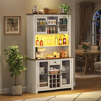 DRIXNO 70.9" White Kitchen Pantry Cabinet with RGB LED Lights & Charging Station, Farmhouse Buffet Hutch with Metal Mesh Doors, Wine Glass Rack & 9 Bottle Storage, Dining Room Cupboard Server
