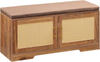 HOOBRO Faux Rattan Shoe Storage Bench with Cushion, Boho Entryway Bench with 2 Doors and Adjustable Shelves, Pet-Proof Hidden Shoe Cabinet for Hallway, Living Room, 39.2" L, Natural, CE53HX01