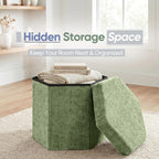 Hexagon Storage Ottoman, Foldable Chenille FootRest with Hidden Storage, Small Ottoman Footstool for Living Room, Bedroom, Dorm, Entryway, 15 x 16.9 x 15 Inches, Green