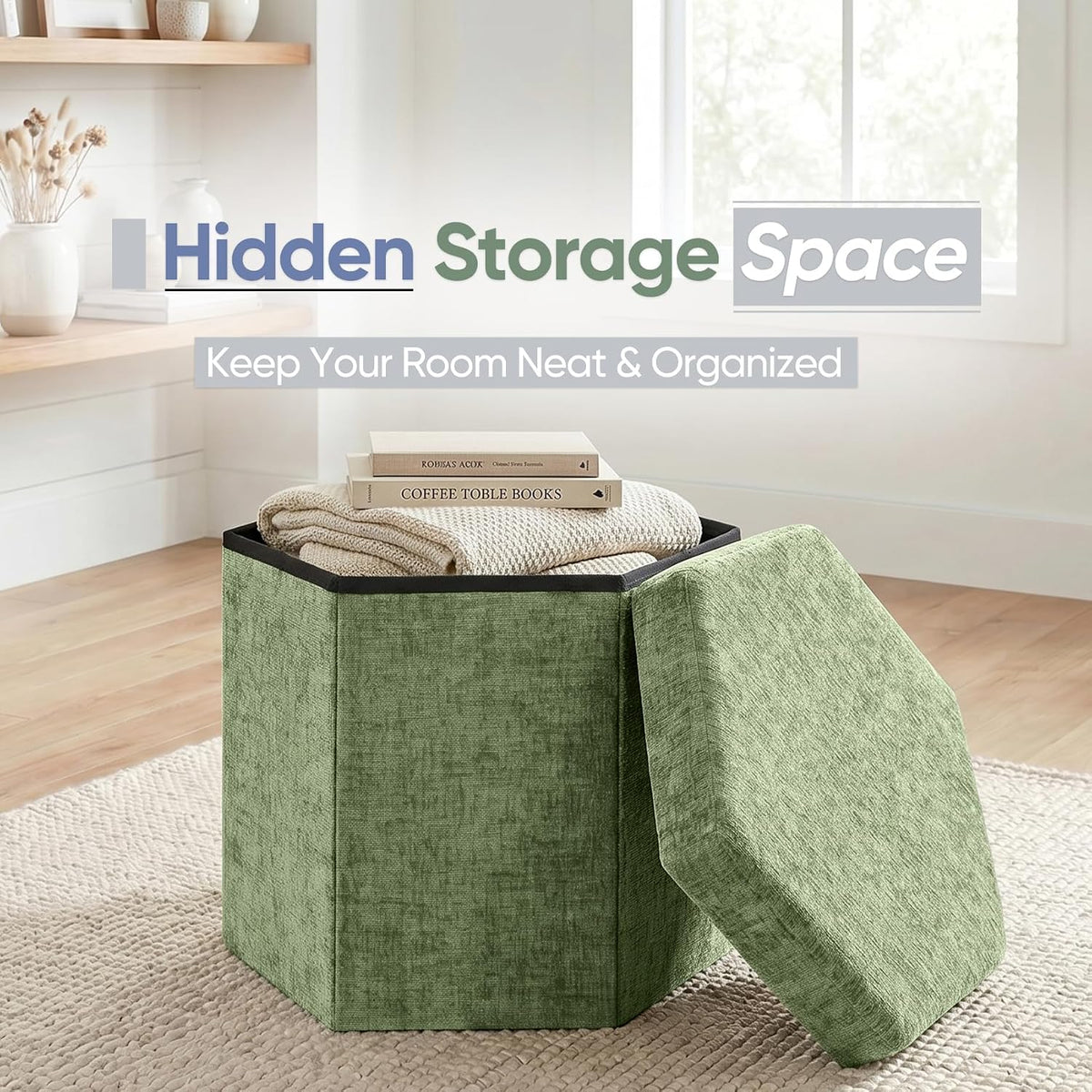 Hexagon Storage Ottoman, Foldable Chenille FootRest with Hidden Storage, Small Ottoman Footstool for Living Room, Bedroom, Dorm, Entryway, 15 x 16.9 x 15 Inches, Green