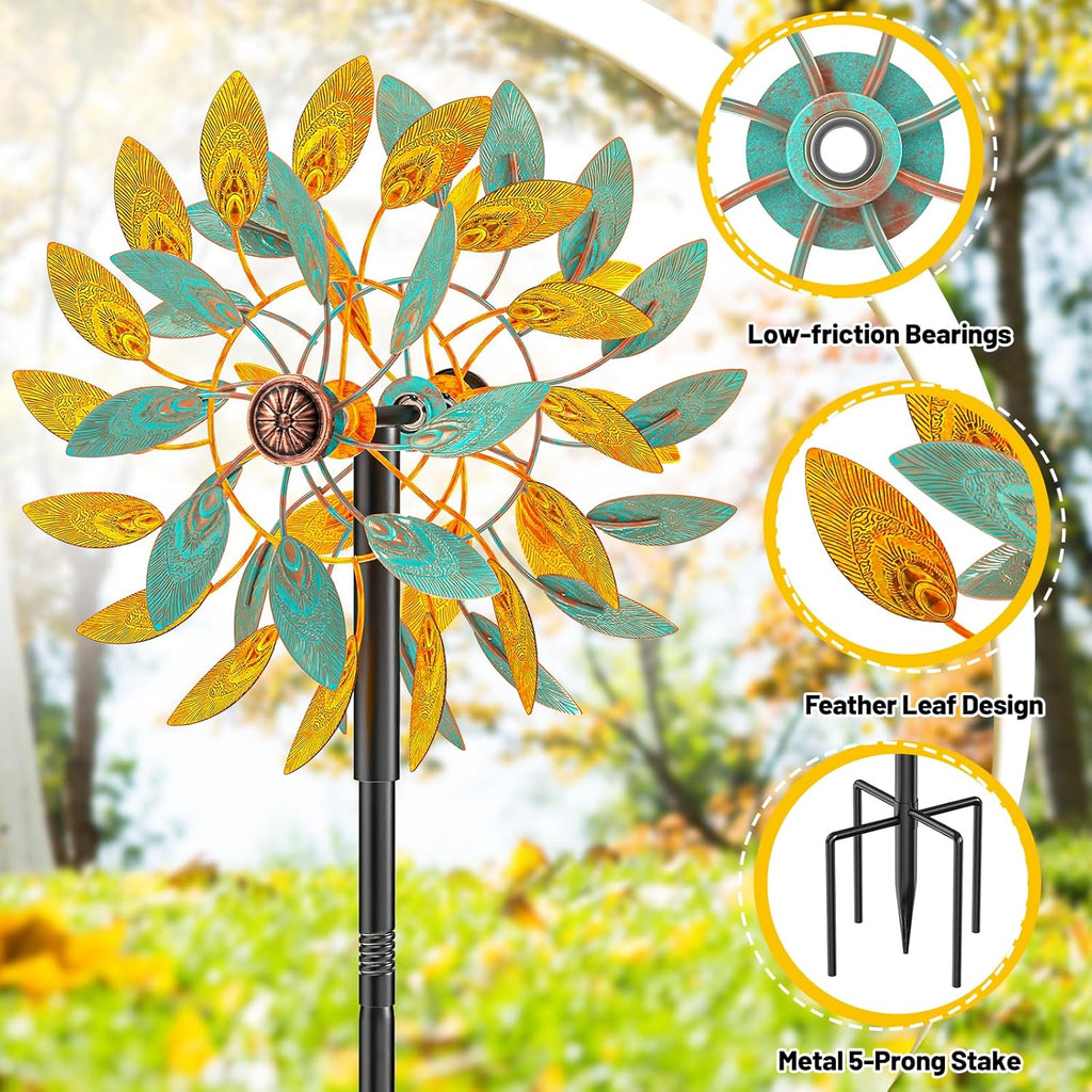 Metal Wind Spinners Outdoor, Kinetic Garden Wndmills,Yard Art Windmill with Metal Stake,Vintage Wind Sculptures & Spinners,Waterproof Pinwheels Large Wind Mill for Patio Lawn Yard Garden (Yellow+Blue)