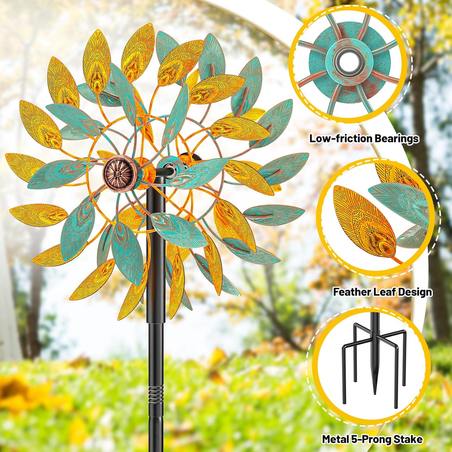 Metal Wind Spinners Outdoor, Kinetic Garden Wndmills,Yard Art Windmill with Metal Stake,Vintage Wind Sculptures & Spinners,Waterproof Pinwheels Large Wind Mill for Patio Lawn Yard Garden (Yellow+Blue)