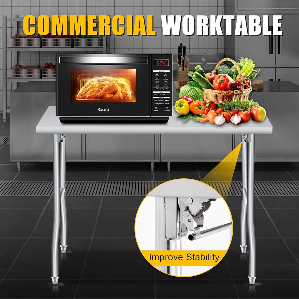 Foldable Stainless Steel Table 48x24 Inch, 1-Tier Portable Workstation, Commercial & Utility Table for Kitchen Prep, Catering, Garage, Workshop and Home Use, 600 LB Capacity